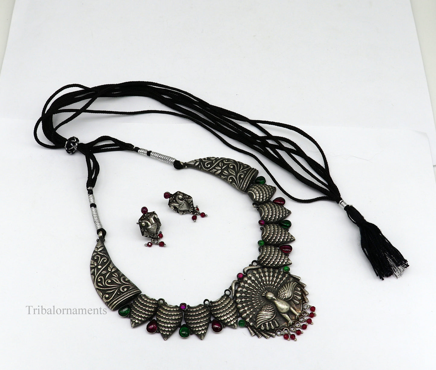 925 sterling silver handmade fabulous dancing peacock trendy adjustable belly dance necklace, best brides Guttapusalu necklace set248 - TRIBAL ORNAMENTS
