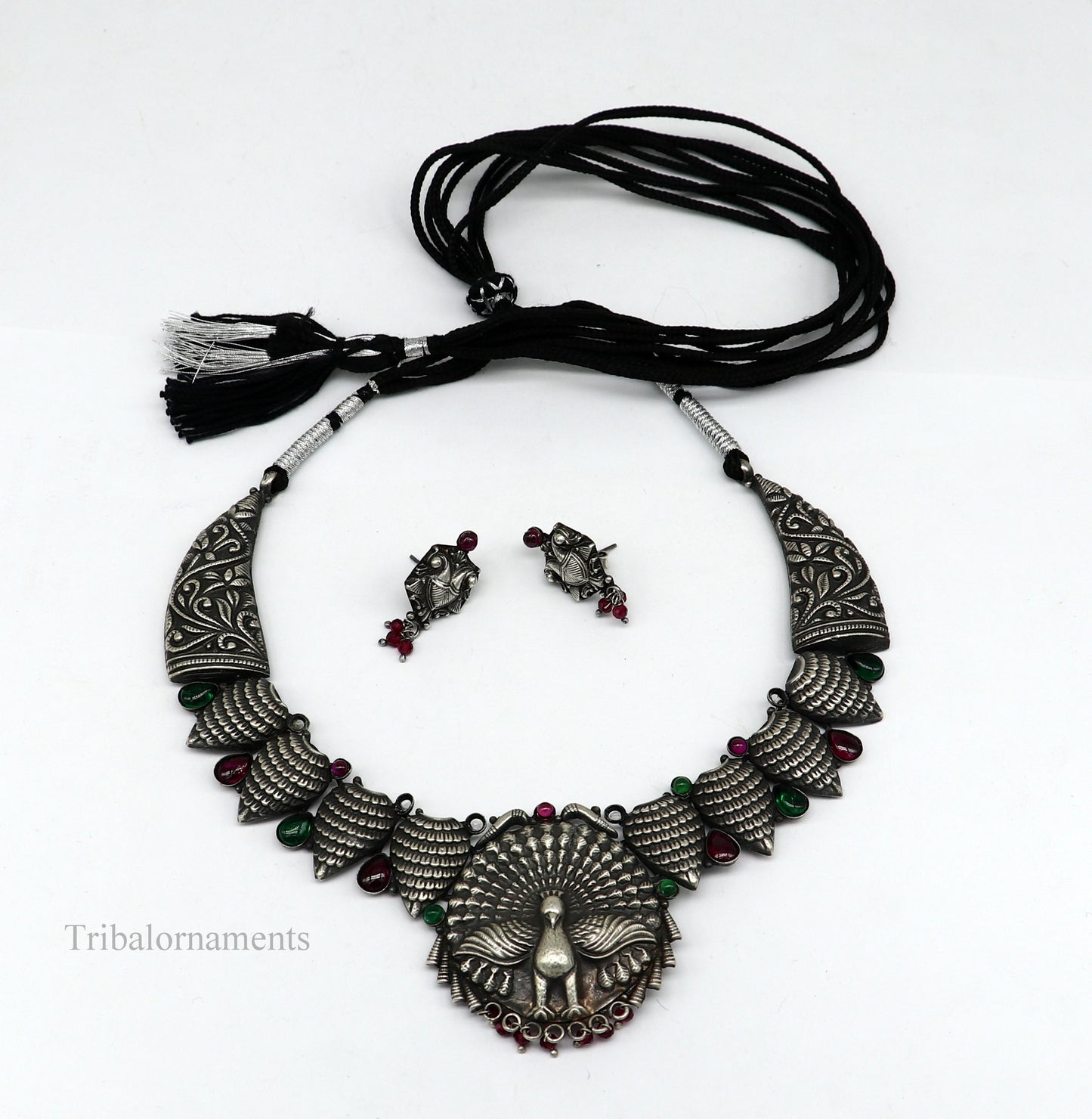 925 sterling silver handmade fabulous dancing peacock trendy adjustable belly dance necklace, best brides Guttapusalu necklace set248 - TRIBAL ORNAMENTS