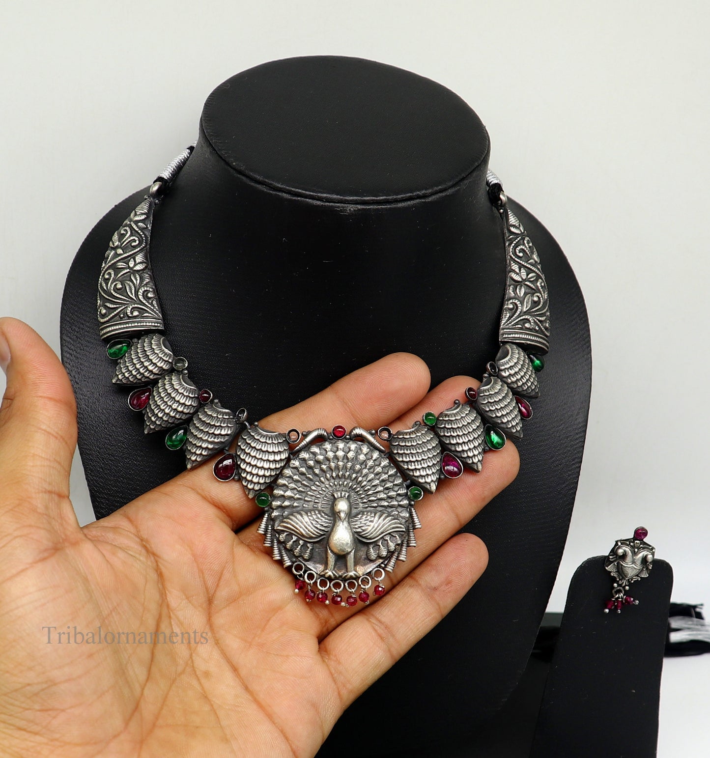 925 sterling silver handmade fabulous dancing peacock trendy adjustable belly dance necklace, best brides Guttapusalu necklace set248 - TRIBAL ORNAMENTS