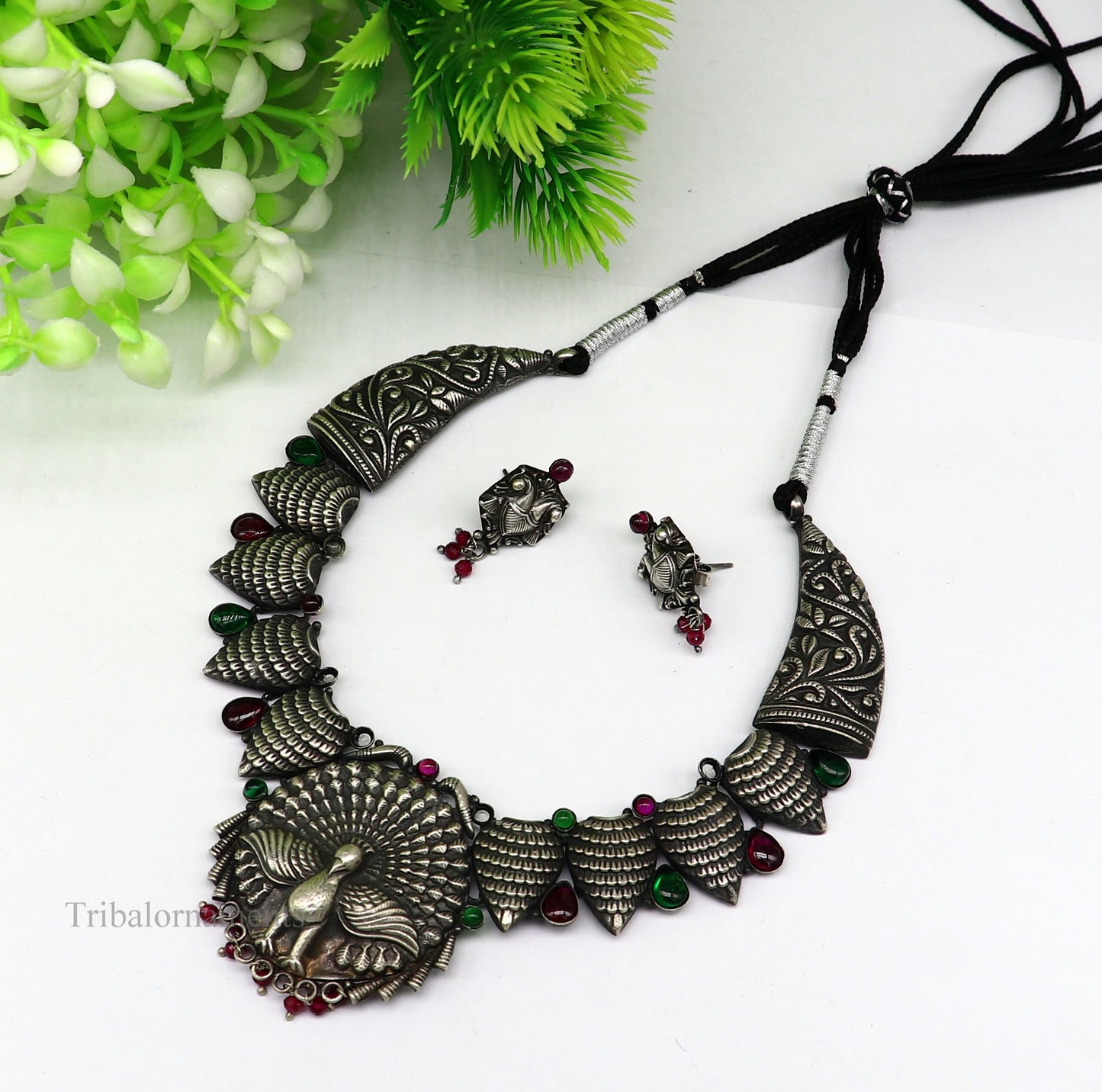 925 sterling silver handmade fabulous dancing peacock trendy adjustable belly dance necklace, best brides Guttapusalu necklace set248 - TRIBAL ORNAMENTS