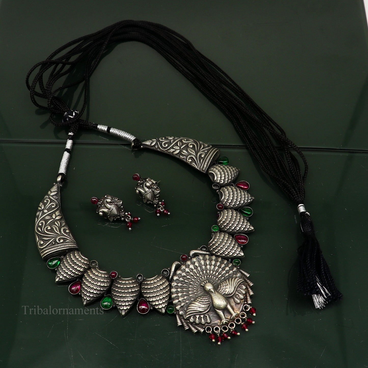 925 sterling silver handmade fabulous dancing peacock trendy adjustable belly dance necklace, best brides Guttapusalu necklace set248 - TRIBAL ORNAMENTS