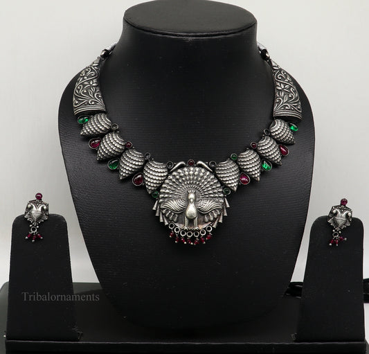 925 sterling silver handmade fabulous dancing peacock trendy adjustable belly dance necklace, best brides Guttapusalu necklace set248 - TRIBAL ORNAMENTS