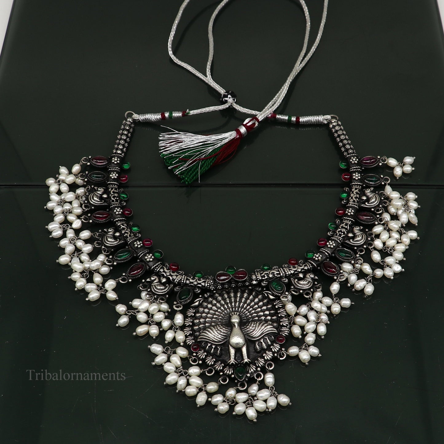925 sterling silver handmade fabulous peacock hanging pearls trendy wedding belly dance necklace, best brides Guttapusalu necklace set249 - TRIBAL ORNAMENTS