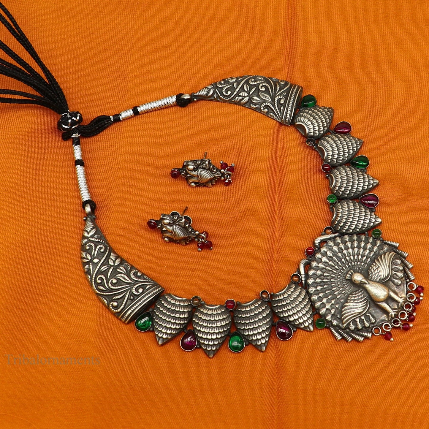 925 sterling silver handmade fabulous dancing peacock trendy adjustable belly dance necklace, best brides Guttapusalu necklace set248 - TRIBAL ORNAMENTS