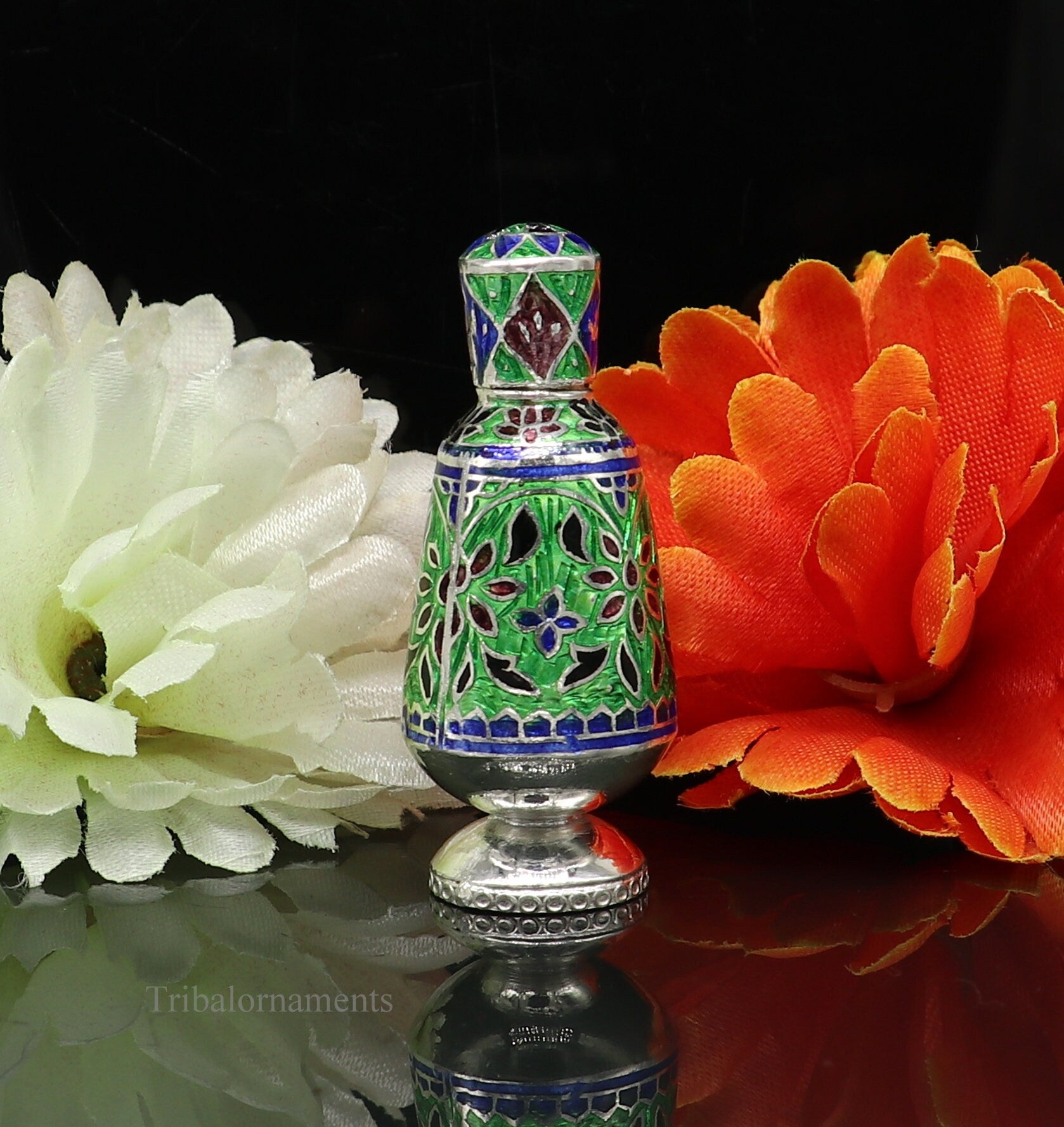 Vintage floral design 925 sterling silver Sindoor box, Kumkum box/ trinket box bridal enamel jewelry collection from Rajasthan india stb217 - TRIBAL ORNAMENTS