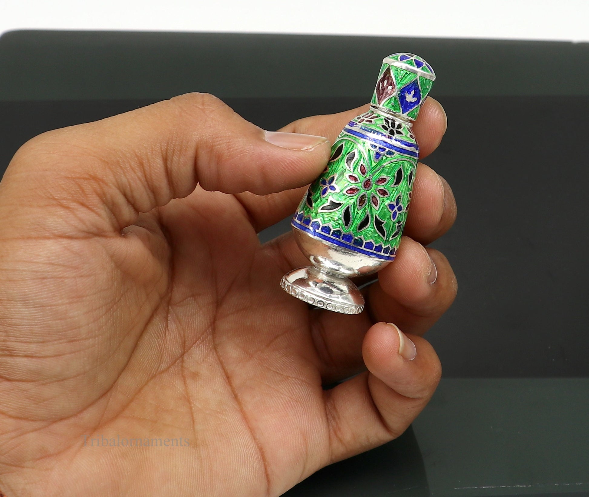 Vintage floral design 925 sterling silver Sindoor box, Kumkum box/ trinket box bridal enamel jewelry collection from Rajasthan india stb217 - TRIBAL ORNAMENTS