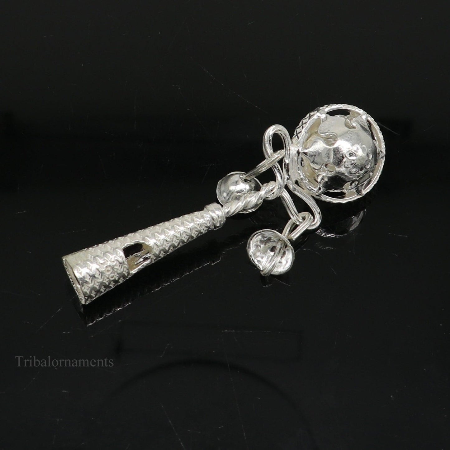 Solid sterling silver handmade design new born baby gifting bells toy, baby krishna gifting toy, silver whistle, silver temple article su407 - TRIBAL ORNAMENTS