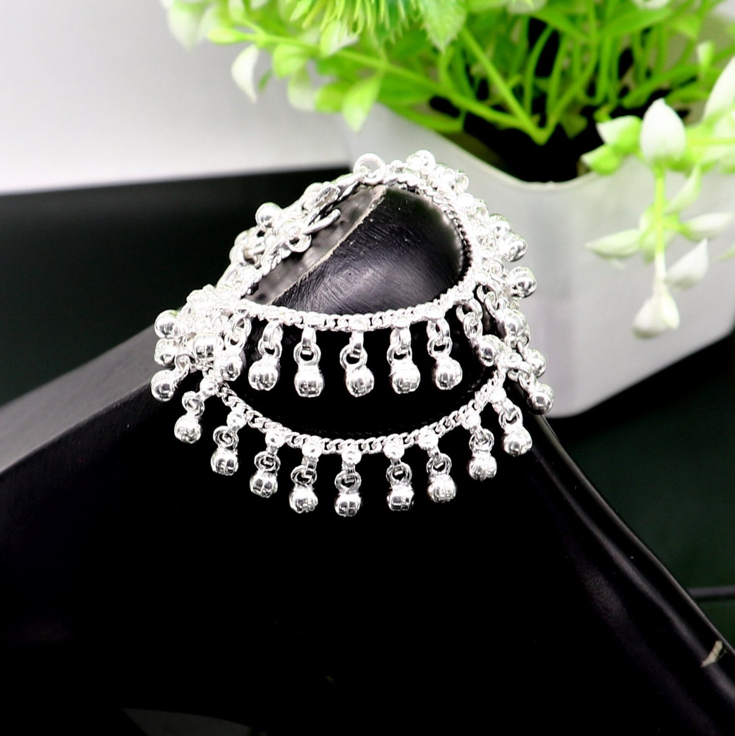 5.5" long Vintage design sterling silver handmade amazing waved noisy hanging drops bells baby anklet, ankle bracelet, charm bracelet ank428 - TRIBAL ORNAMENTS