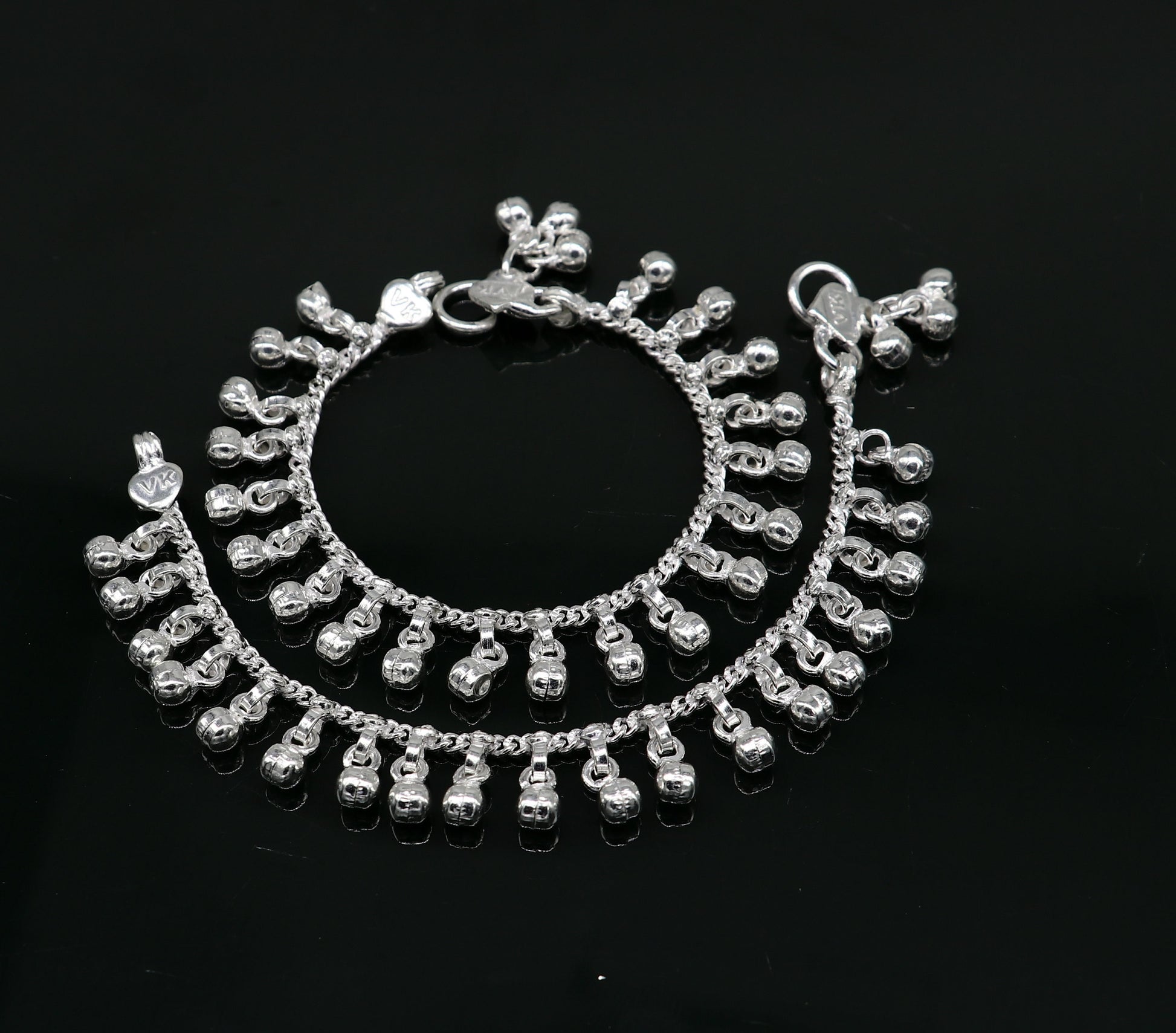 5" long Vintage design sterling silver handmade amazing waved noisy hanging drops bells baby anklet, ankle bracelet, charm bracelet ank430 - TRIBAL ORNAMENTS