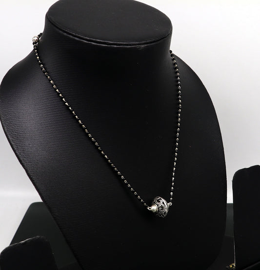 925 sterling silver black beaded chain necklace with gorgeous flower ball pendant , best gifting elegant necklace tribal necklace set220 - TRIBAL ORNAMENTS