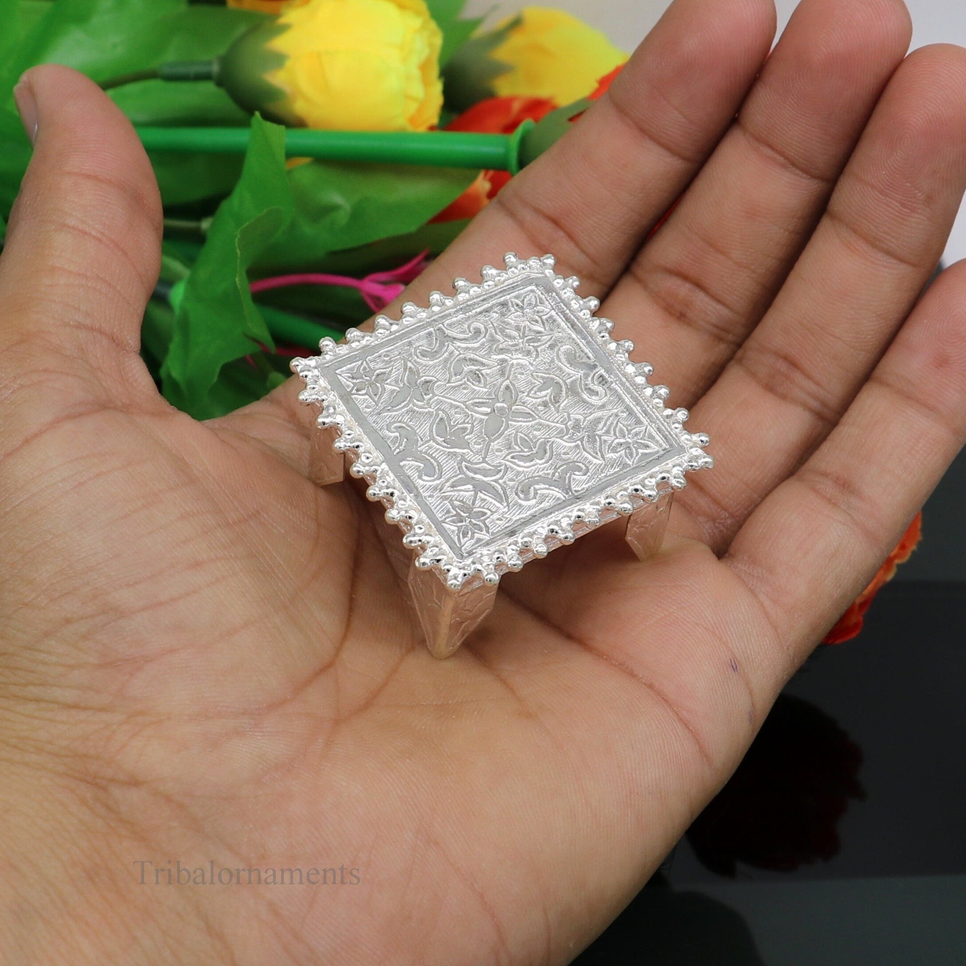 1.5" Vintage design Sterling silver handmade customize small square shape table/bazot/chouki, excellent home puja utensils temple art su431 - TRIBAL ORNAMENTS