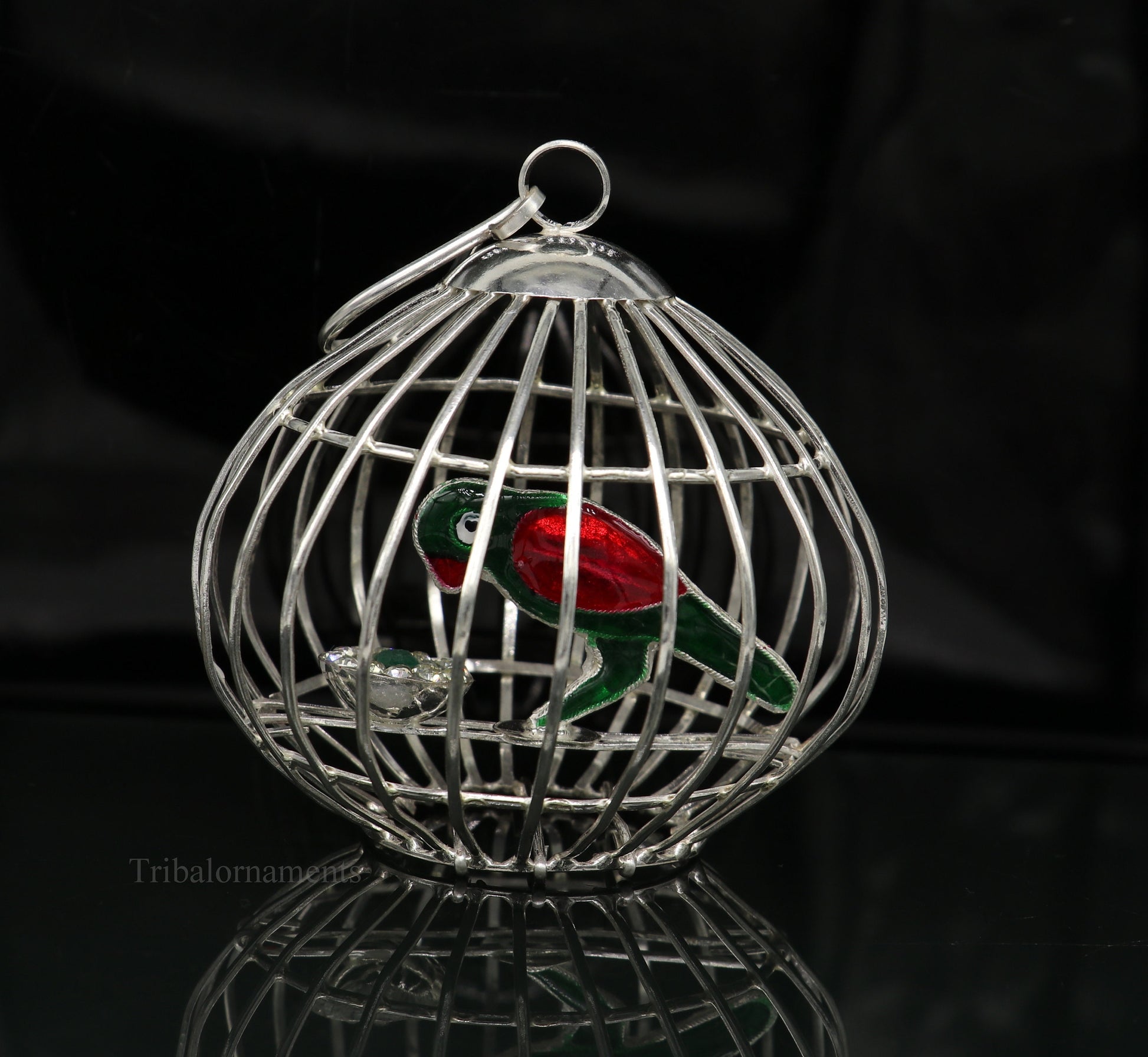 Solid sterling silver handmade toy for idlo krishna, silver parrot with cage, silver article for gifting to God or idol Krishna,  su444 - TRIBAL ORNAMENTS