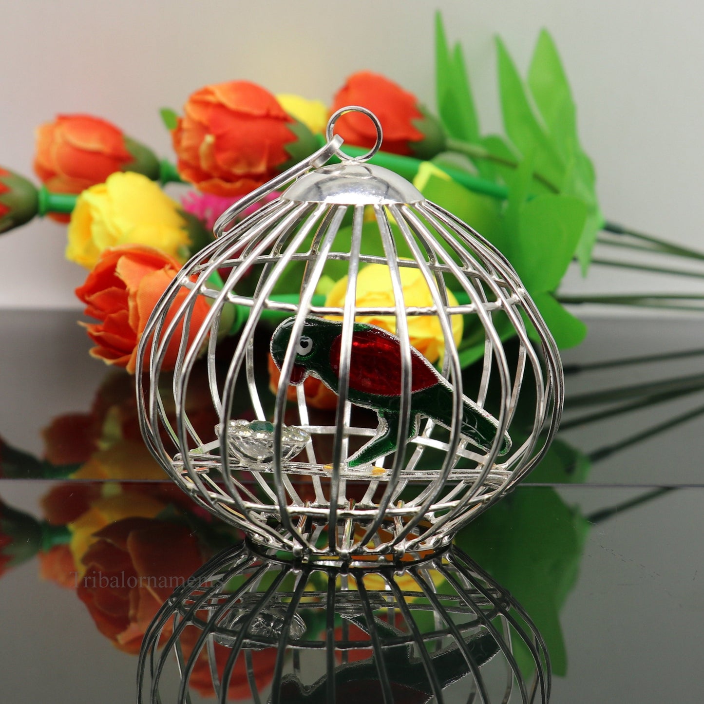 Solid sterling silver handmade toy for idlo krishna, silver parrot with cage, silver article for gifting to God or idol Krishna, su444 - TRIBAL ORNAMENTS