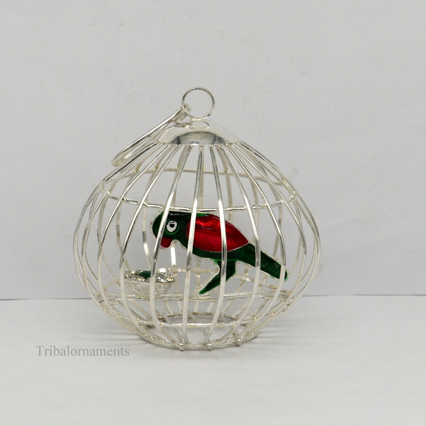Solid sterling silver handmade toy for idlo krishna, silver parrot with cage, silver article for gifting to God or idol Krishna, su444 - TRIBAL ORNAMENTS
