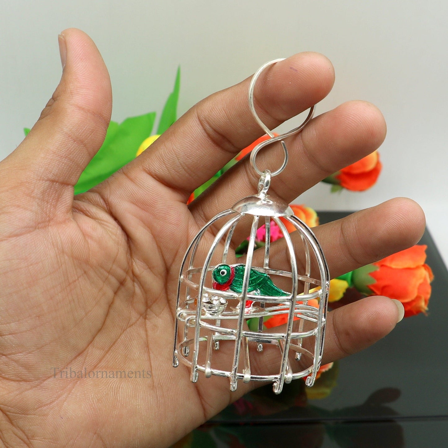 Solid sterling silver handmade toy for idol krishna, silver parrot with cage, silver article for gifting to God or idol Krishna, su446 - TRIBAL ORNAMENTS