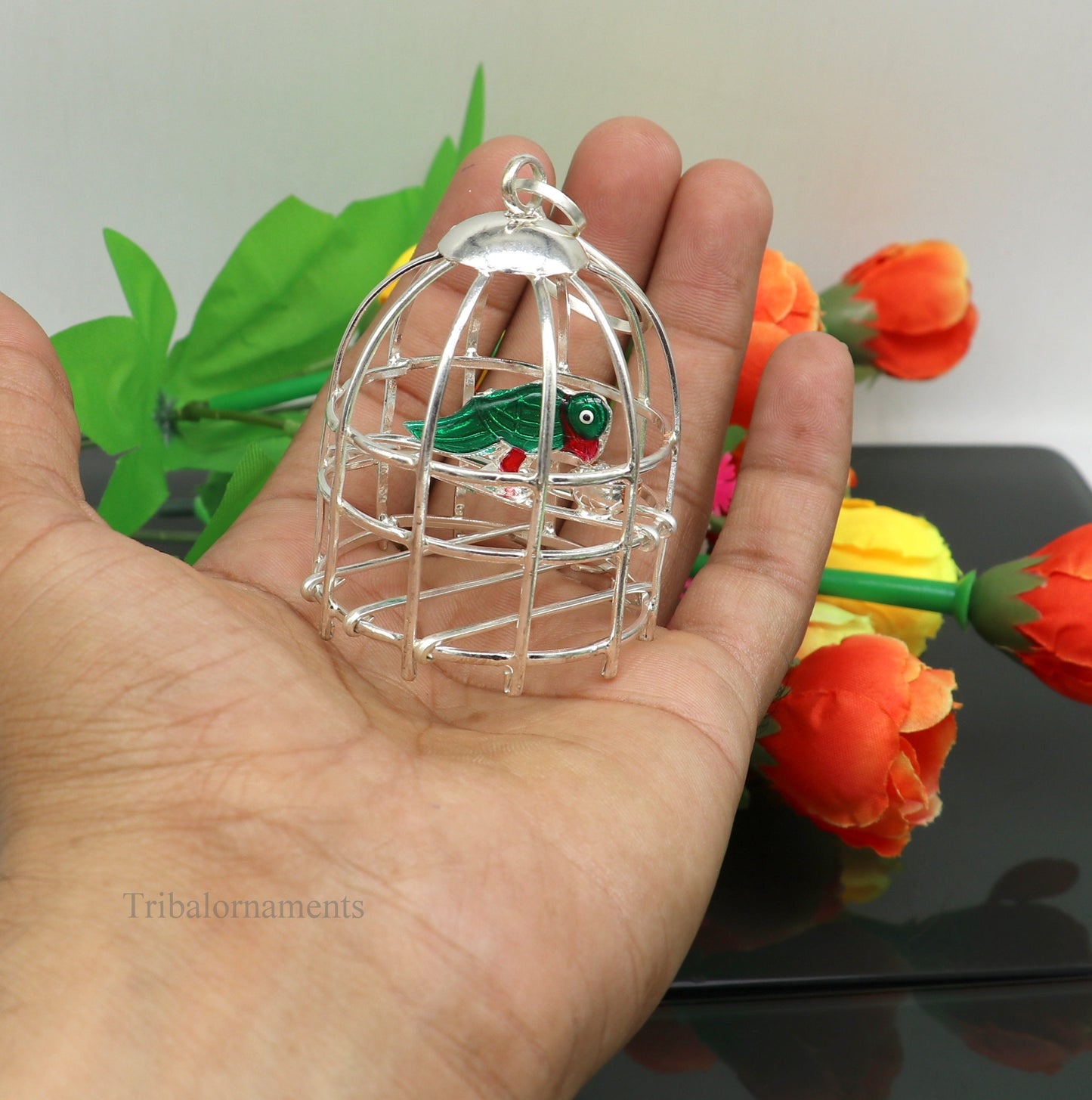 Solid sterling silver handmade toy for idol krishna, silver parrot with cage, silver article for gifting to God or idol Krishna, su446 - TRIBAL ORNAMENTS