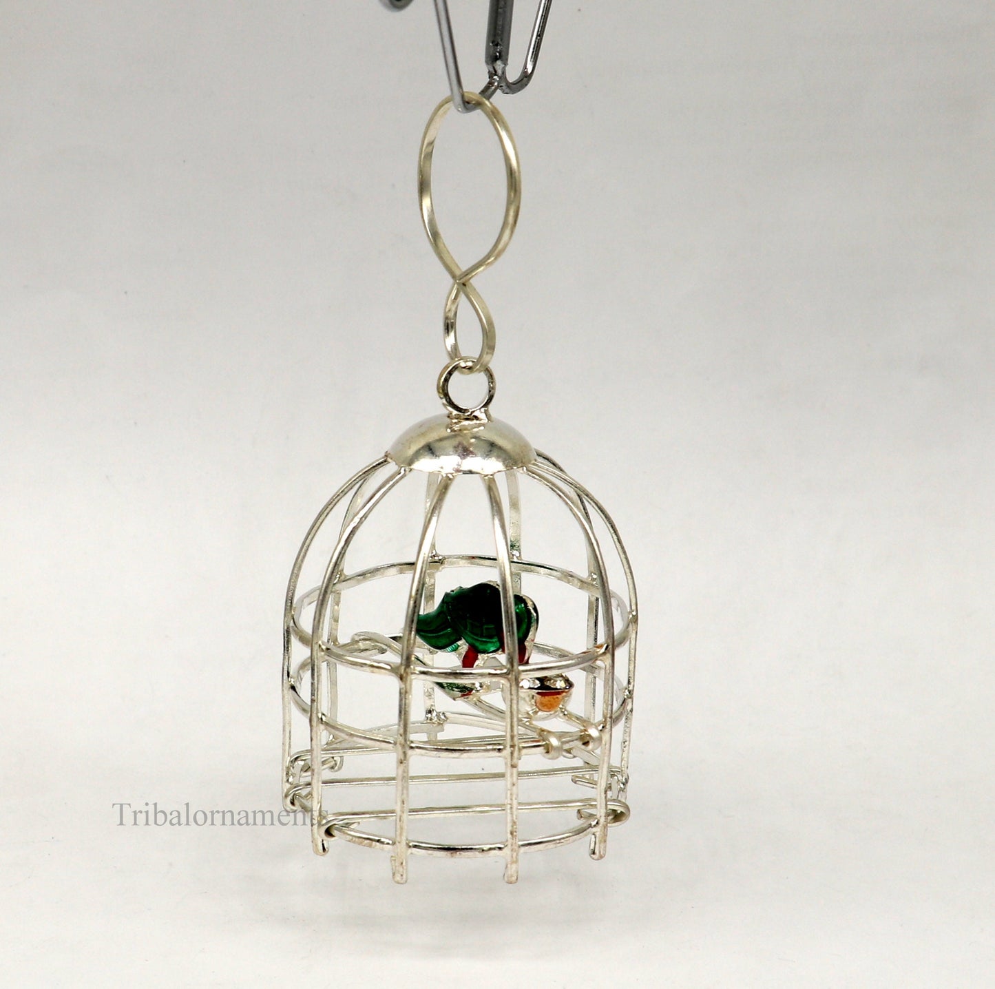 Solid sterling silver handmade toy for idol krishna, silver parrot with cage, silver article for gifting to God or idol Krishna, su446 - TRIBAL ORNAMENTS