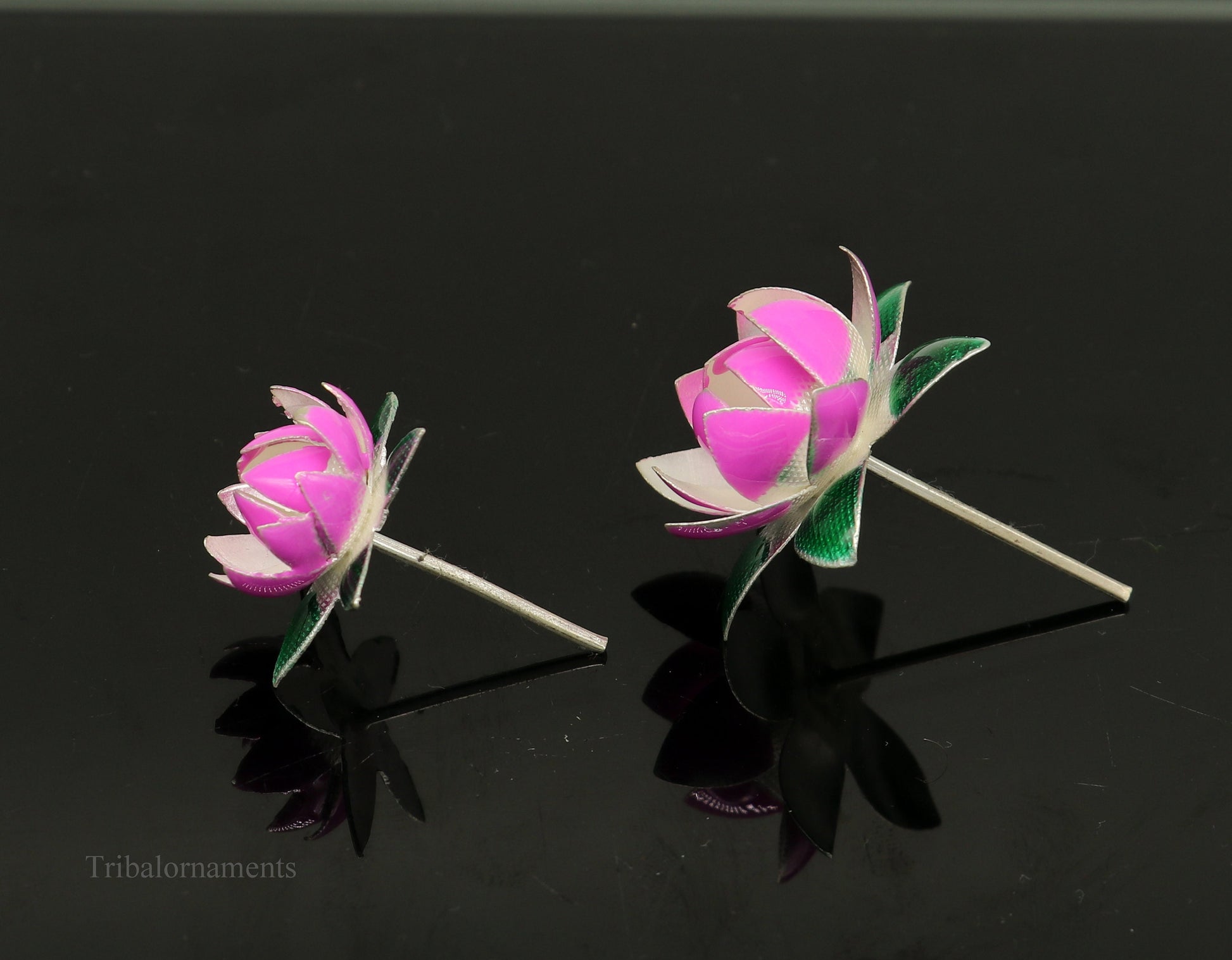 Solid sterling silver handmade small lotus flower puja god temple article, excellent customized enamel silver worshipping articles su448 - TRIBAL ORNAMENTS