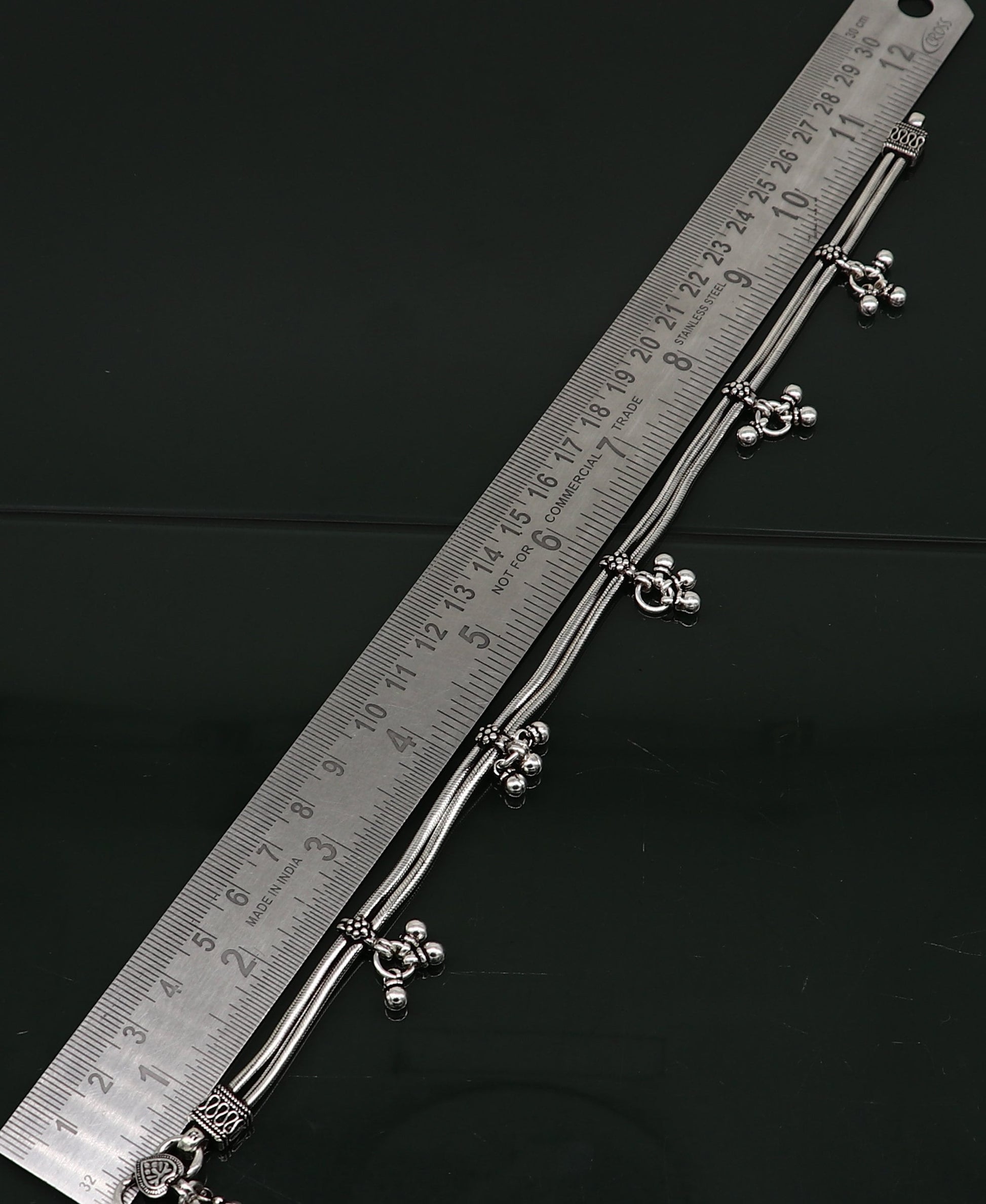 10.5" 925 Sterling silver Vintage antique snake style handmade anklet, ankle bracelet, foot bracelet with hanging bells belly jewelry ank431 - TRIBAL ORNAMENTS