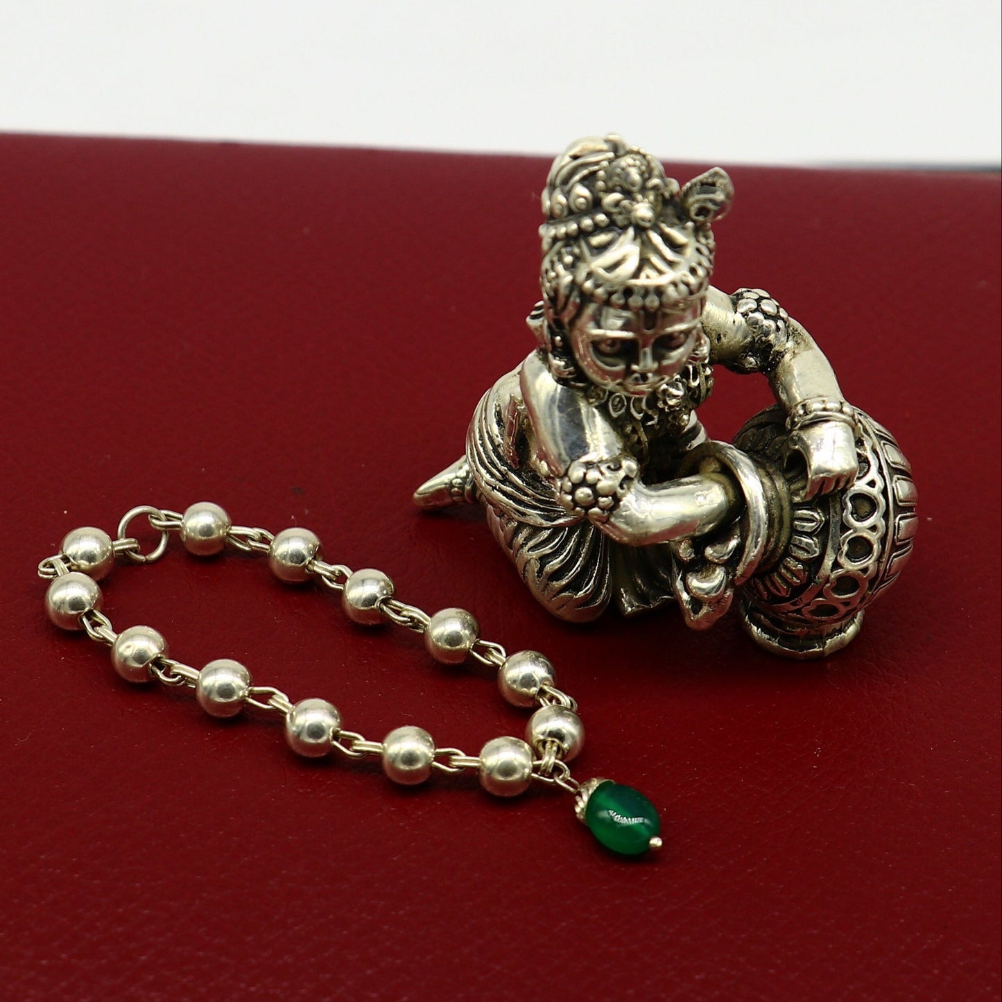 4" inches long handmade sterling silver beaded bracelet or necklace for baby krishna figurine or sculpture, best puja tulsi neckace sbr223 - TRIBAL ORNAMENTS