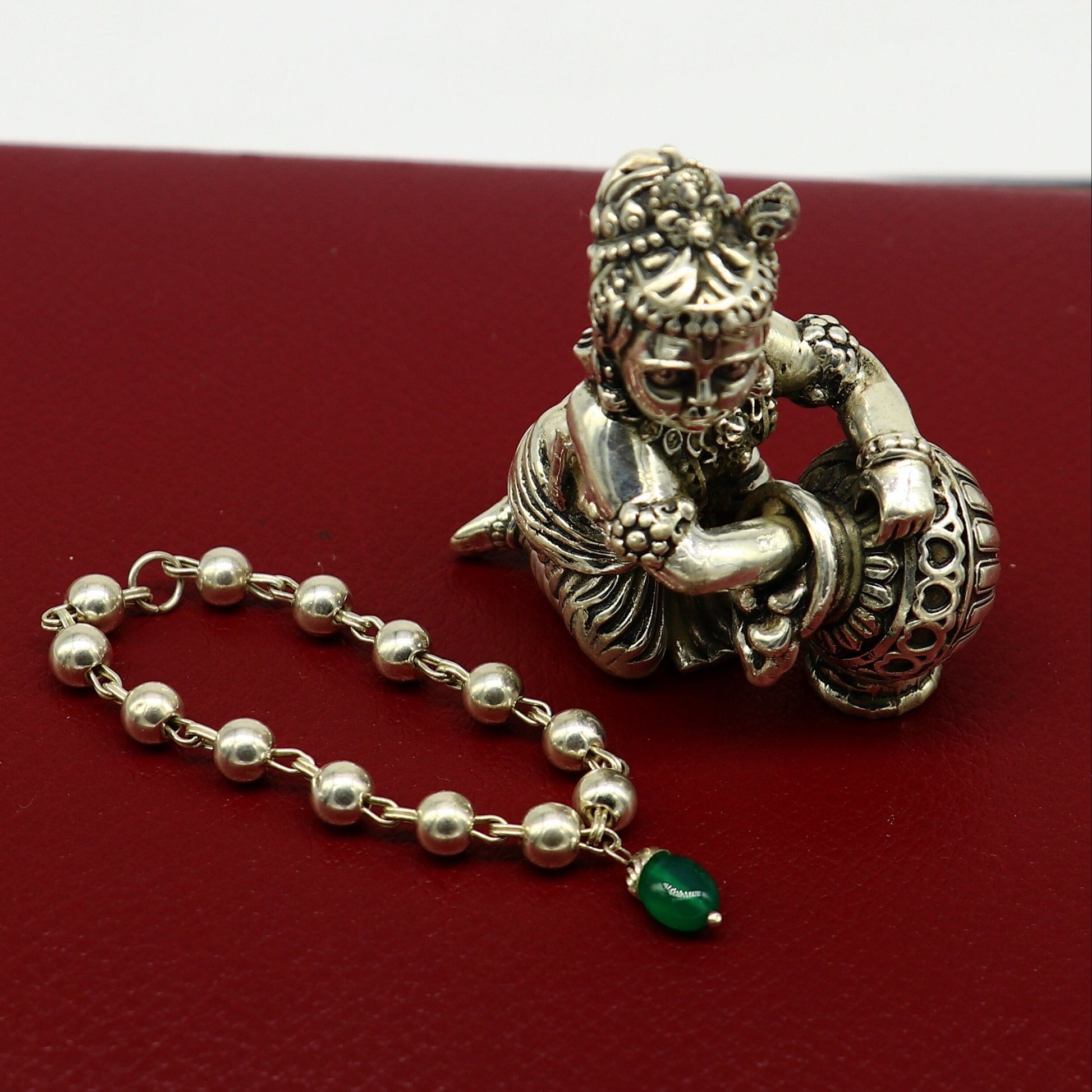4" inches long handmade sterling silver beaded bracelet or necklace for baby krishna figurine or sculpture, best puja tulsi neckace sbr223 - TRIBAL ORNAMENTS