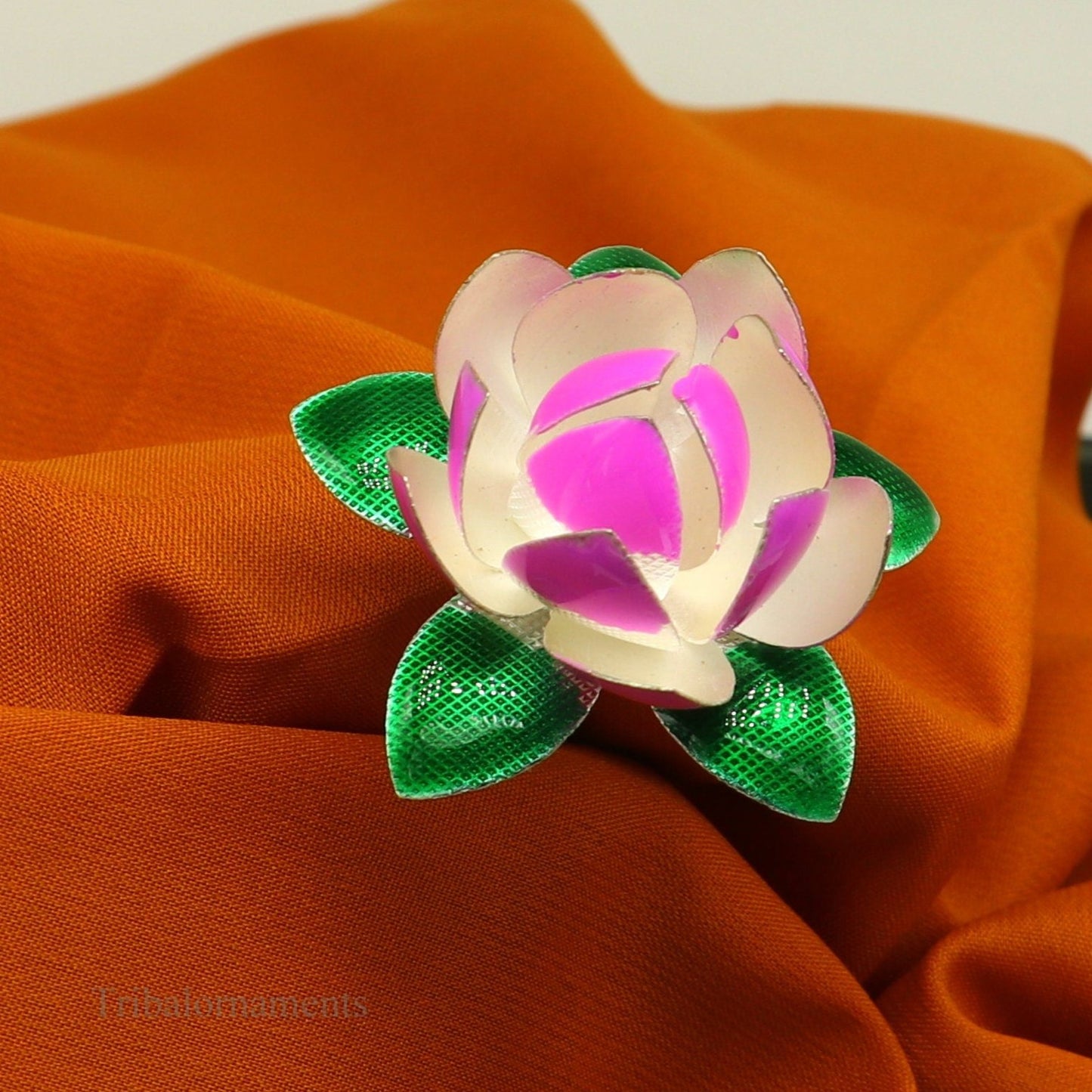 Solid sterling silver handmade small lotus flower puja god temple article, excellent customized enamel silver worshipping articles su451 - TRIBAL ORNAMENTS