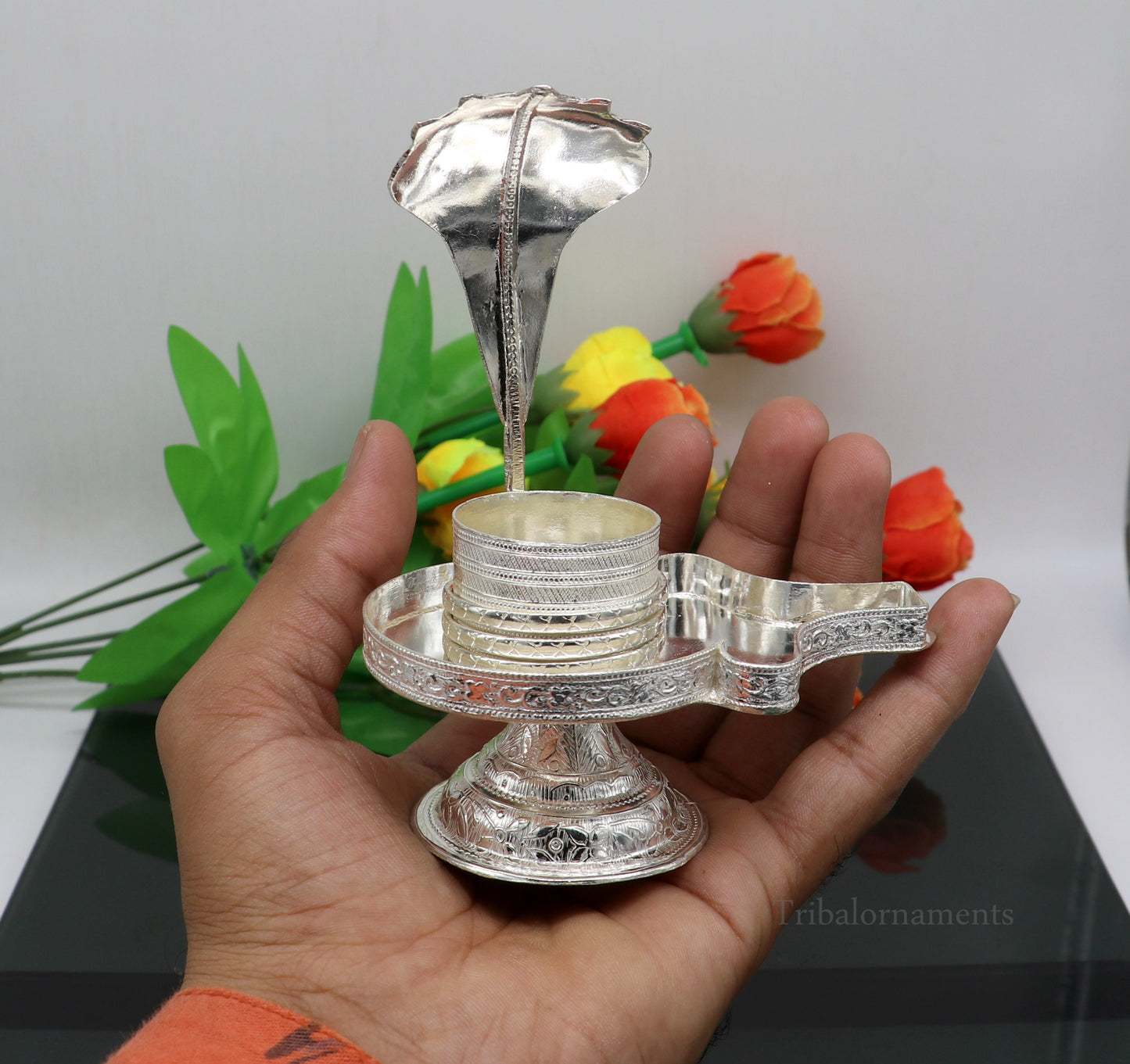 925 fine solid sterling silver lord shiva lingam stand/jalheri, use for put/hold shiva lingam in home temple, awesome handmade article su455 - TRIBAL ORNAMENTS
