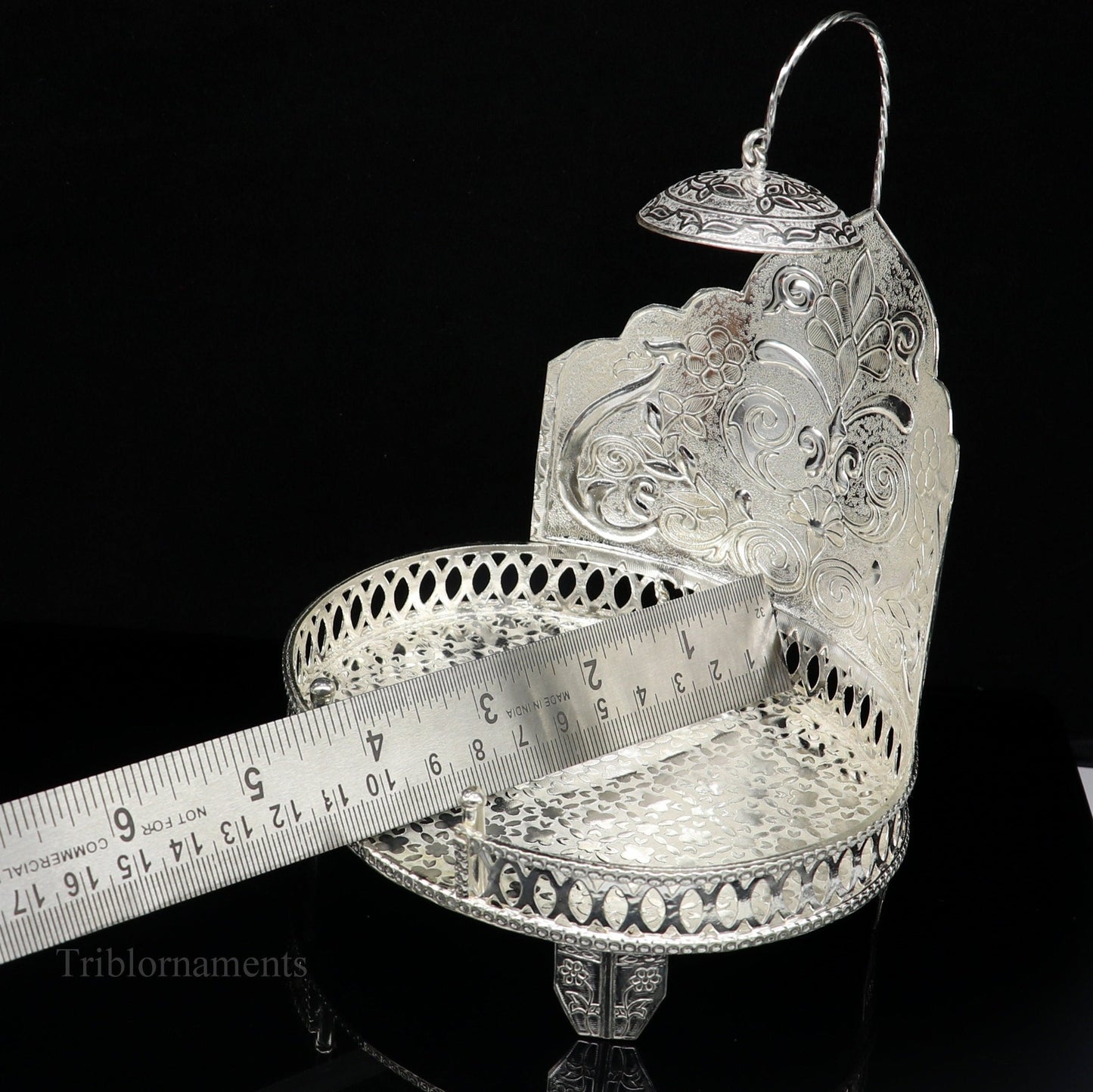 925 pure sterling silver vintage design Singhasan, idol Krishna, Ganesh throne, god statue's stand chair, temple puja article India su472 - TRIBAL ORNAMENTS