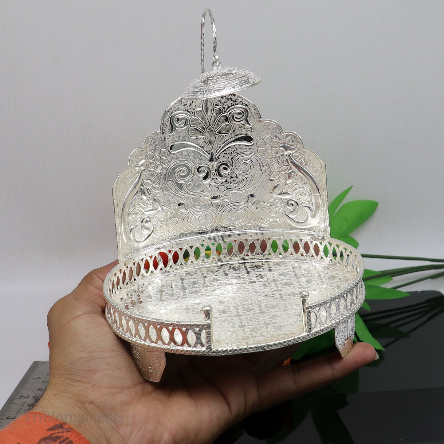 925 pure sterling silver vintage design Singhasan, idol Krishna, Ganesh throne, god statue's stand chair, temple puja article India su472 - TRIBAL ORNAMENTS