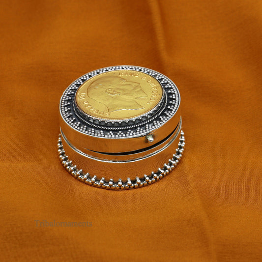 925 sterling silver vintage Rava work king & Emperor design trinket box, sindoor box, brides gift collection silver stunning article stb221 - TRIBAL ORNAMENTS