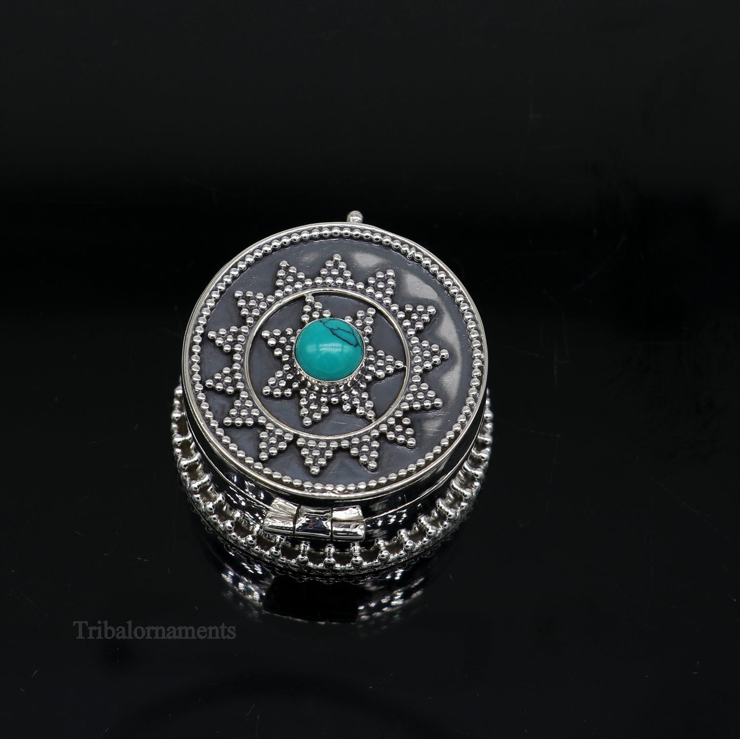 925 sterling silver Stunning Rava work design turquoise stone trinket box, Sindoor box, brides gift collection silver stunning box stb222 - TRIBAL ORNAMENTS