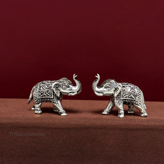 Pure 925 Sterling silver kandrai work nakshi design customized Elephant statue, puja article figurine, home décor puja articles su488 - TRIBAL ORNAMENTS