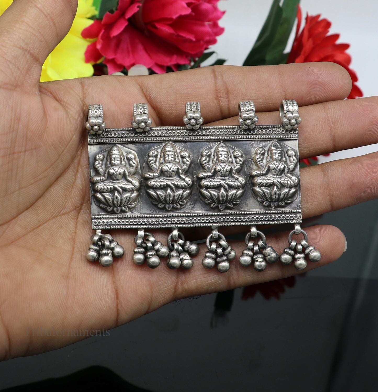 925 sterling silver Vintage antique design handmade indian Goddes laxmi pendant with gorgeous drops tribal belly dance jewelry ssp822 - TRIBAL ORNAMENTS