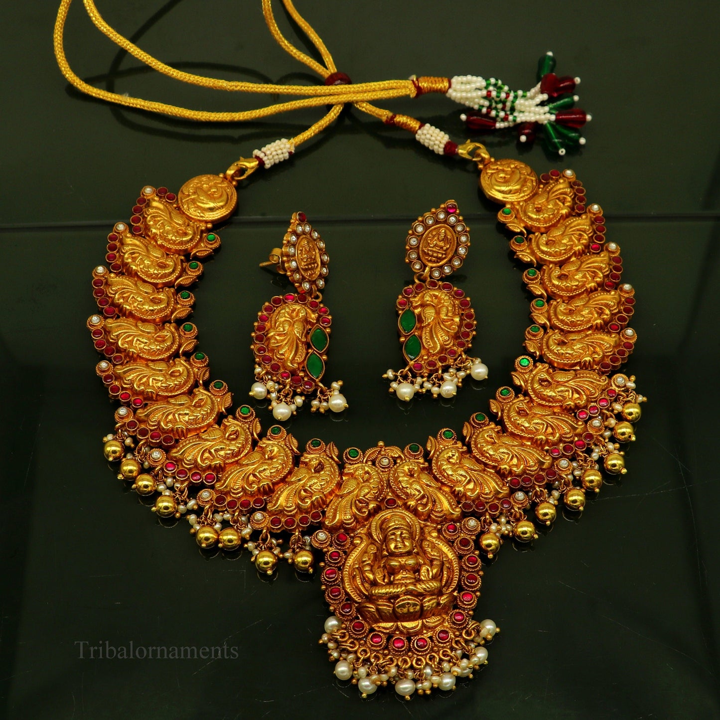925 sterling silver gold polished handmade vintage stylish Goddess Laxmi stunning peacock design necklace, best belly dance jewelry set263 - TRIBAL ORNAMENTS