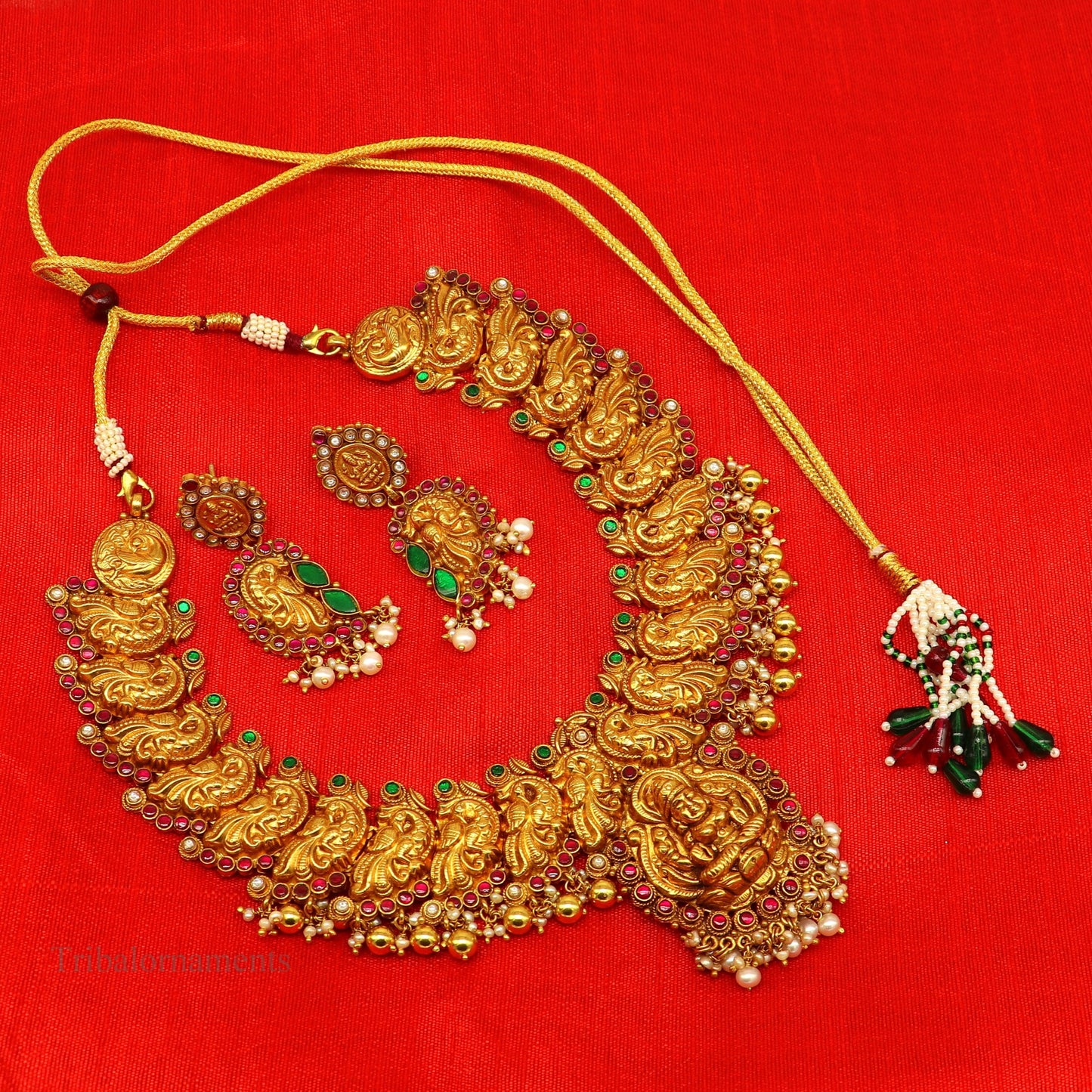 925 sterling silver gold polished handmade vintage stylish Goddess Laxmi stunning peacock design necklace, best belly dance jewelry set263 - TRIBAL ORNAMENTS