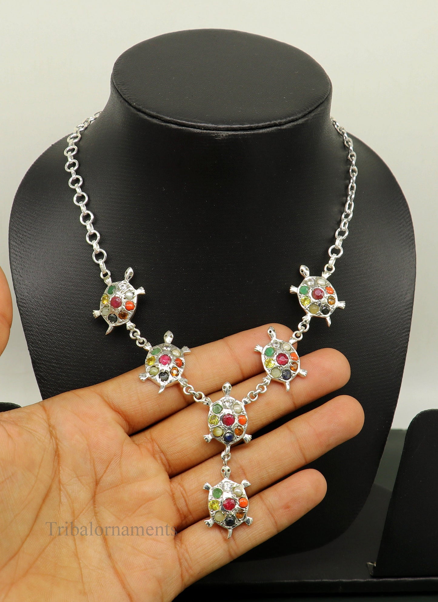 925 sterling silver customized Navratan stone tortoise design necklace, best designer stylish tribal ethnic jewelry belly dance nec265 - TRIBAL ORNAMENTS