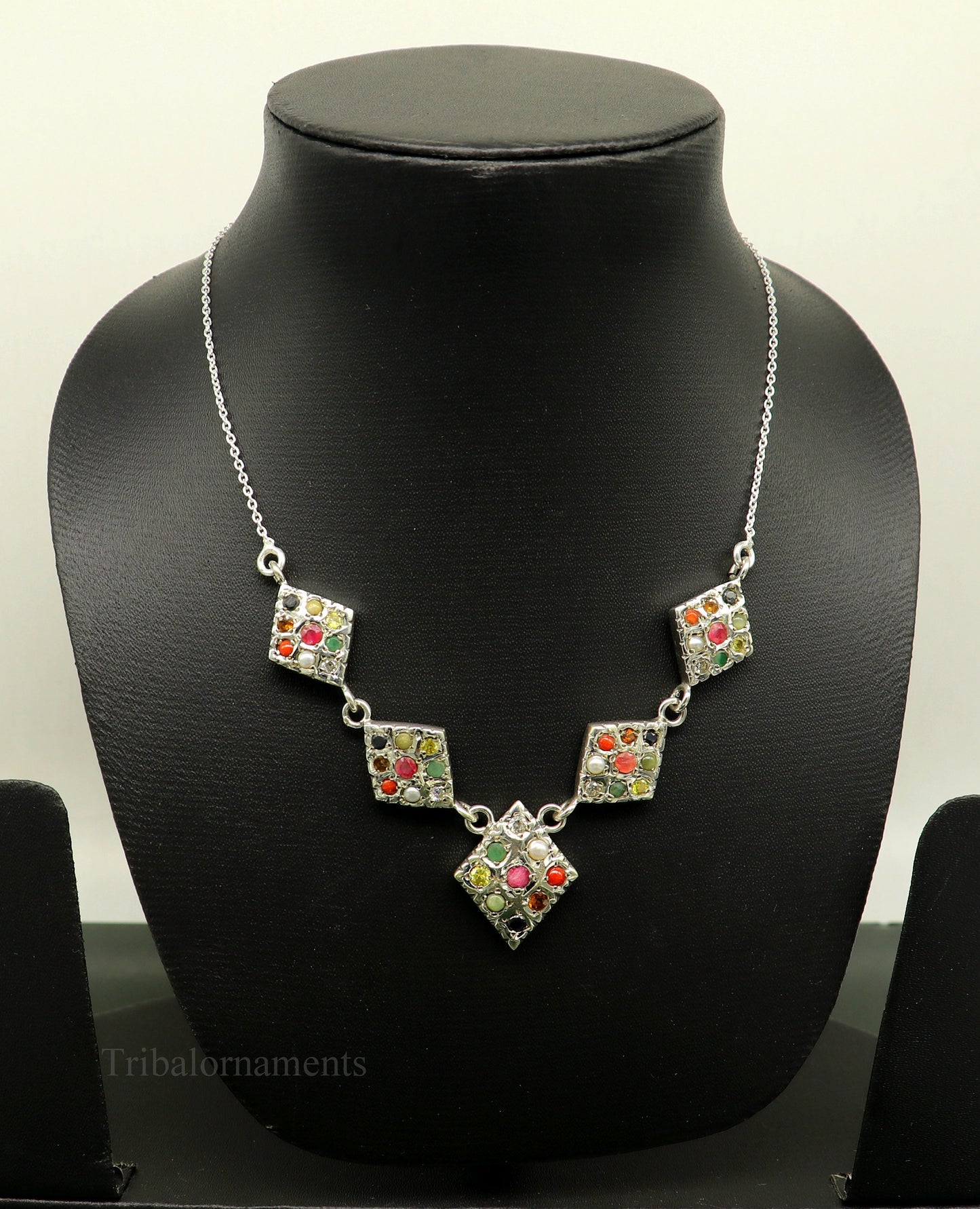 925 sterling silver Stunning Navratan stone vintage stylish design necklace, best gifting tribal ethnic jewelry belly dance jewelry nec261 - TRIBAL ORNAMENTS
