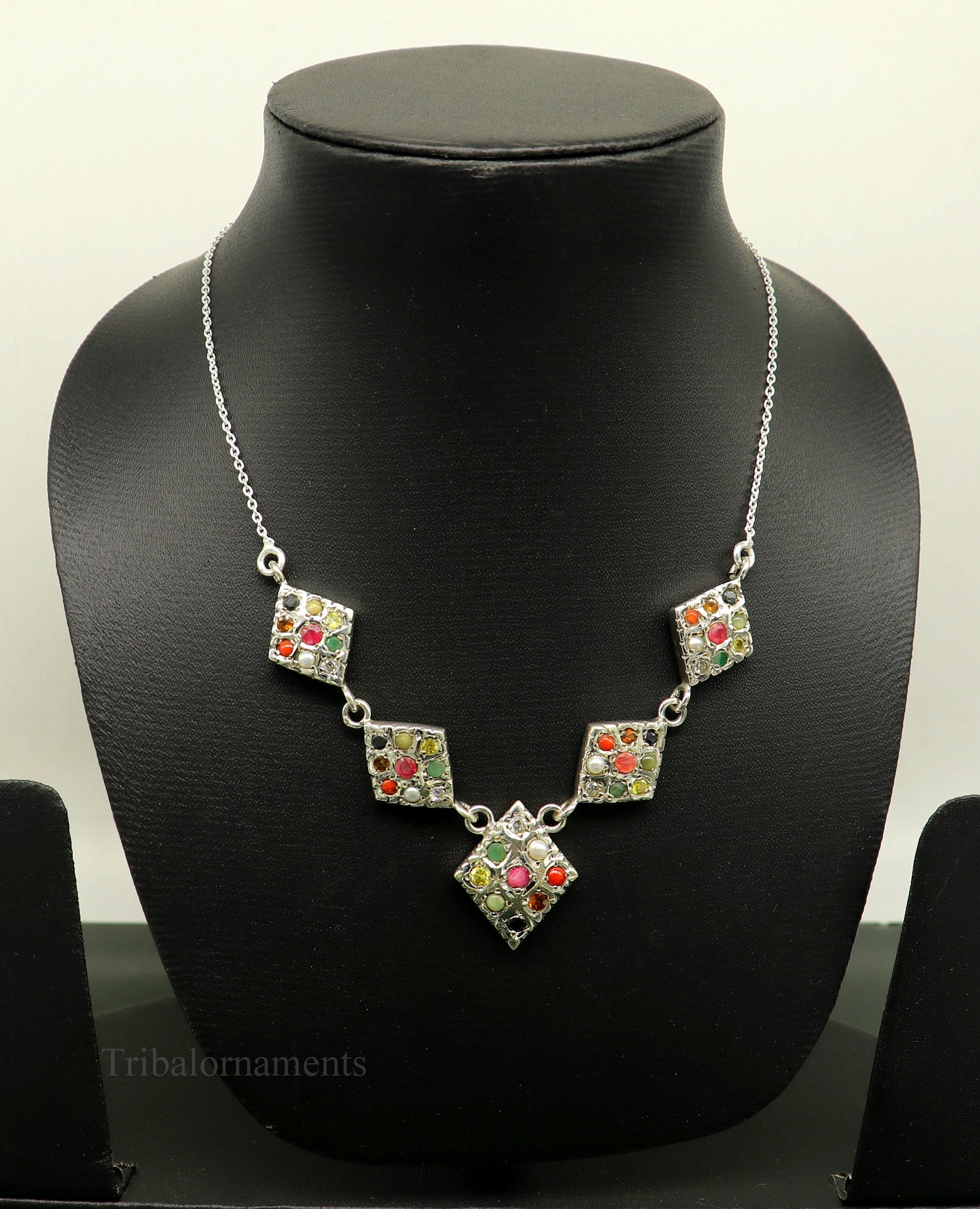 925 sterling silver Stunning Navratan stone vintage stylish design necklace, best gifting tribal ethnic jewelry  belly dance jewelry nec261 - TRIBAL ORNAMENTS