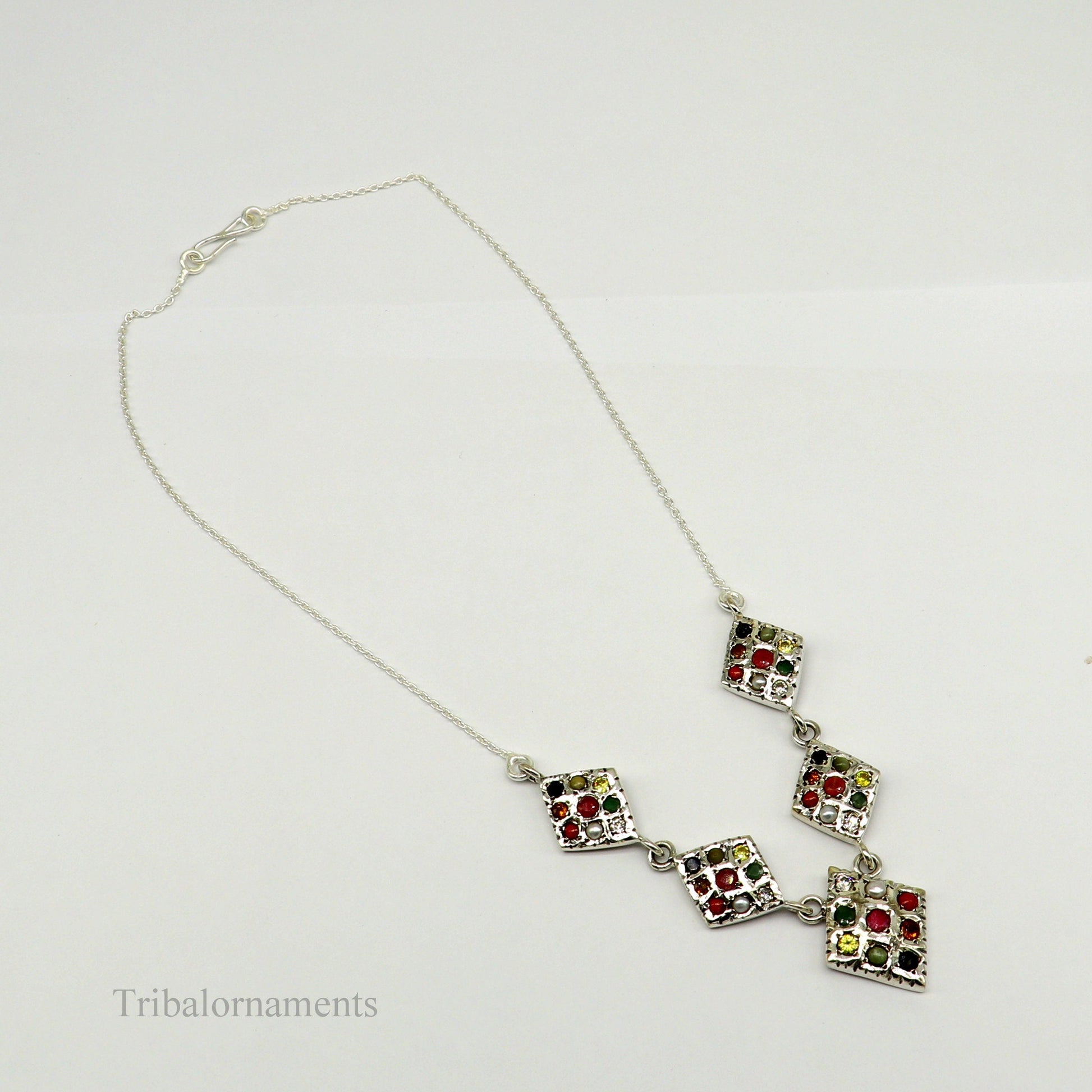 925 sterling silver Stunning Navratan stone vintage stylish design necklace, best gifting tribal ethnic jewelry  belly dance jewelry nec261 - TRIBAL ORNAMENTS