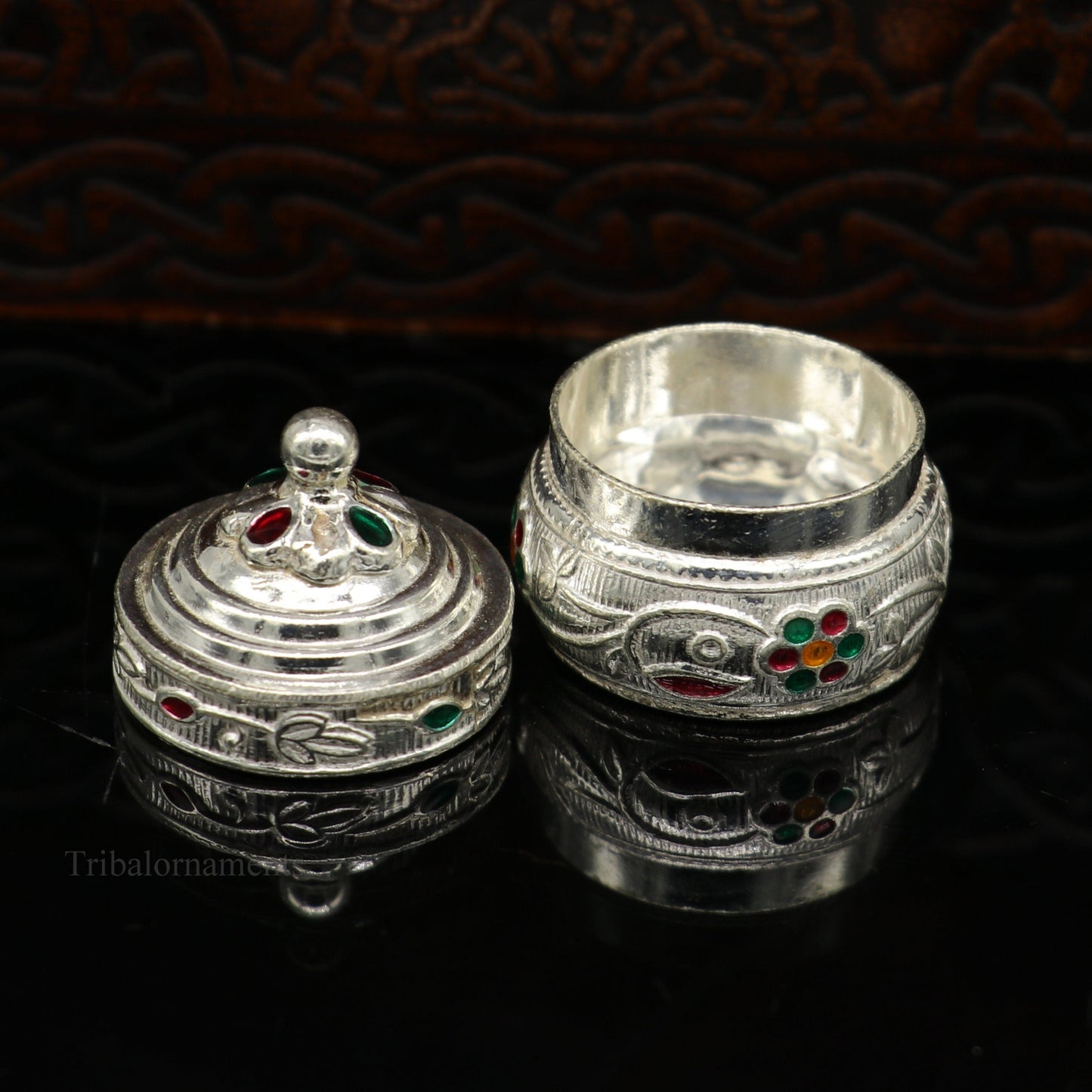 Solid sterling silver unique antique design handmade brides eyes kajal box, surma box, kumkum sindur box, small trinket box article stb240 - TRIBAL ORNAMENTS