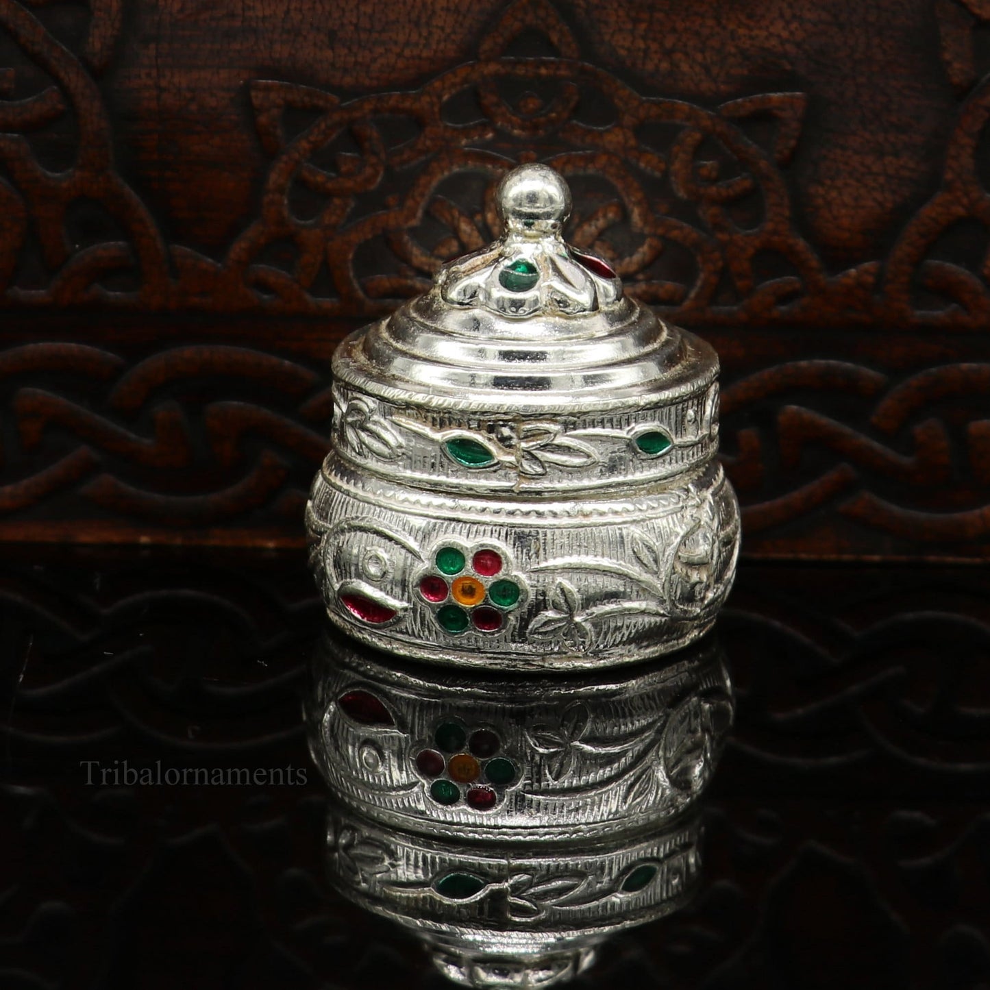 Solid sterling silver unique antique design handmade brides eyes kajal box, surma box, kumkum sindur box, small trinket box article stb238 - TRIBAL ORNAMENTS