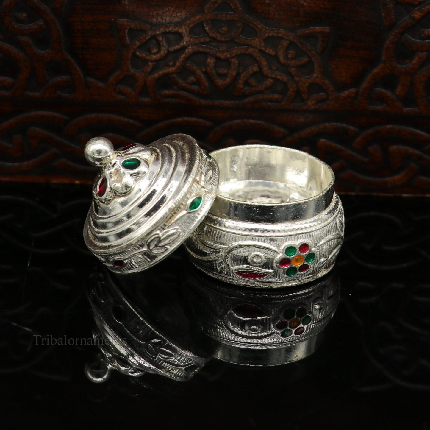 Solid sterling silver unique antique design handmade brides eyes kajal box, surma box, kumkum sindur box, small trinket box article stb240 - TRIBAL ORNAMENTS