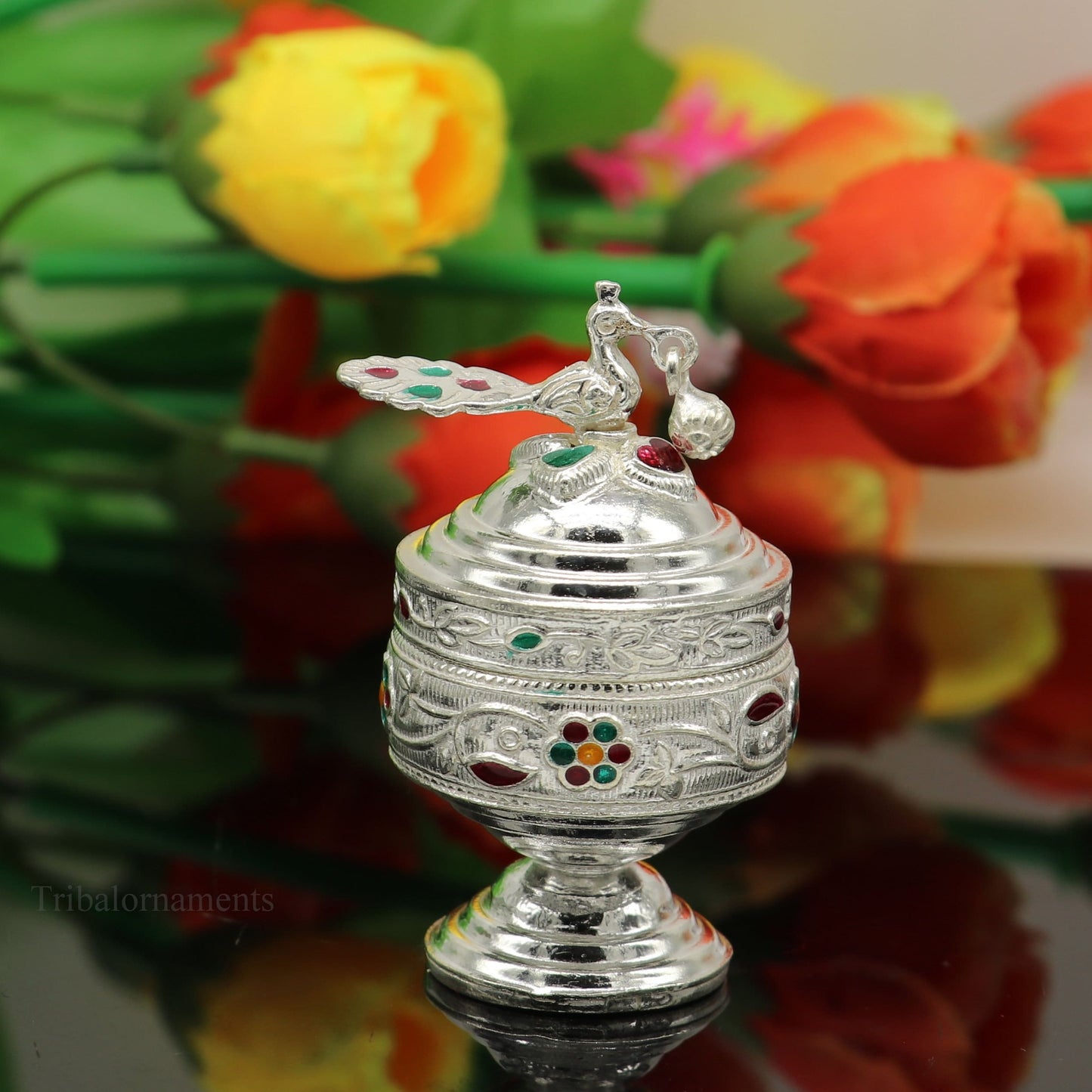 Solid sterling silver vintage peacock design handmade brides eyes kajal box, surma box, kumkum sindur box, small trinket box article stb251 - TRIBAL ORNAMENTS