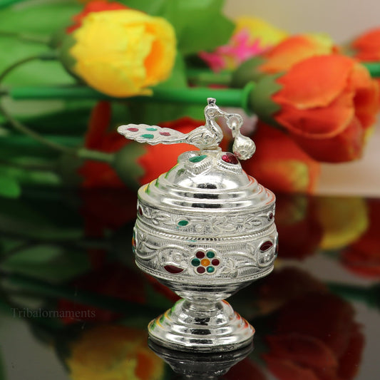 Solid sterling silver vintage peacock design handmade brides eyes kajal box, surma box, kumkum sindur box, small trinket box article stb251 - TRIBAL ORNAMENTS