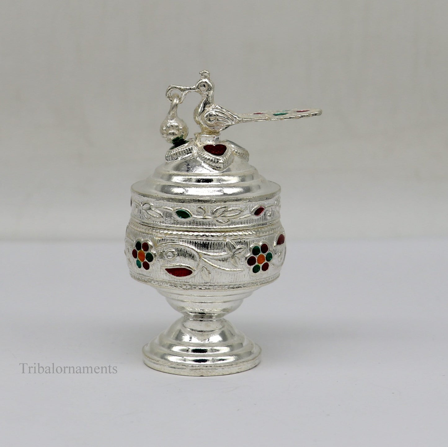 Solid sterling silver vintage peacock design handmade brides eyes kajal box, surma box, kumkum sindur box, small trinket box article stb248 - TRIBAL ORNAMENTS