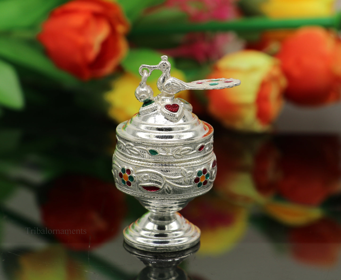 Solid sterling silver vintage peacock design handmade brides eyes kajal box, surma box, kumkum sindur box, small trinket box article stb248 - TRIBAL ORNAMENTS