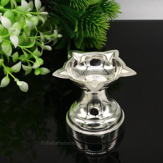 solid sterling silver handmade elegant oil lamp, silver home temple utensils, silver diya, deepak, silver utensil, silver puja article su404 - TRIBAL ORNAMENTS