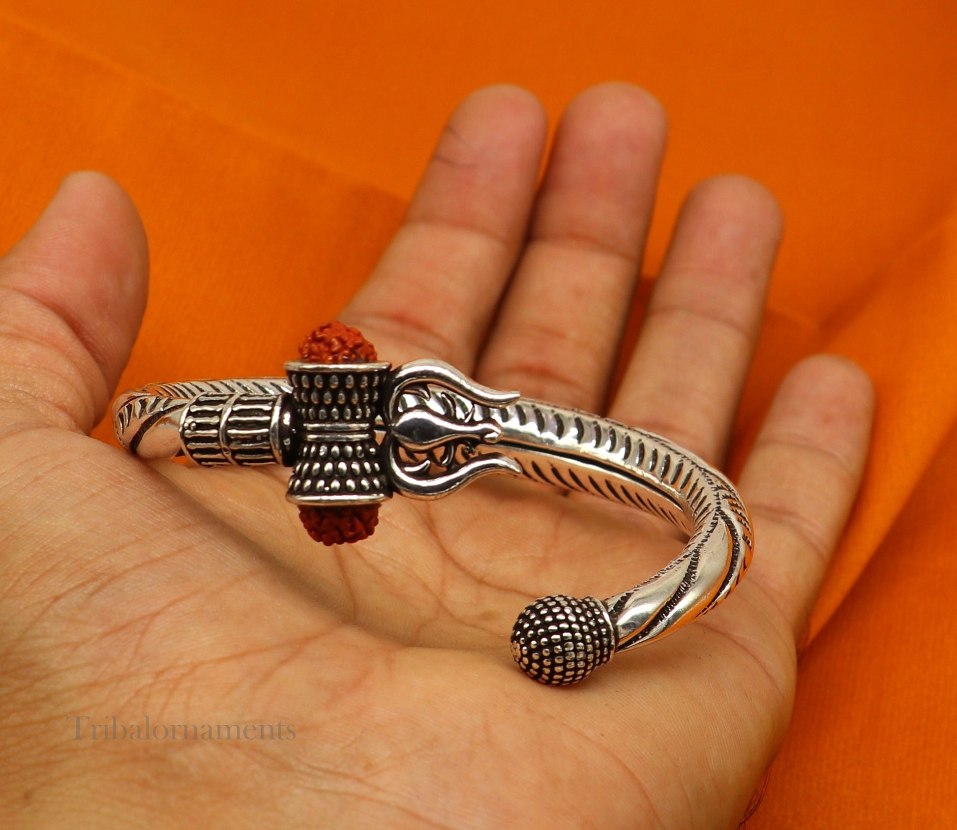 925 Sterling silver handmade chitai work Lord Shiva trident trishul kada bangle bracelet with natural Rudraksha customized kada nssk470 - TRIBAL ORNAMENTS