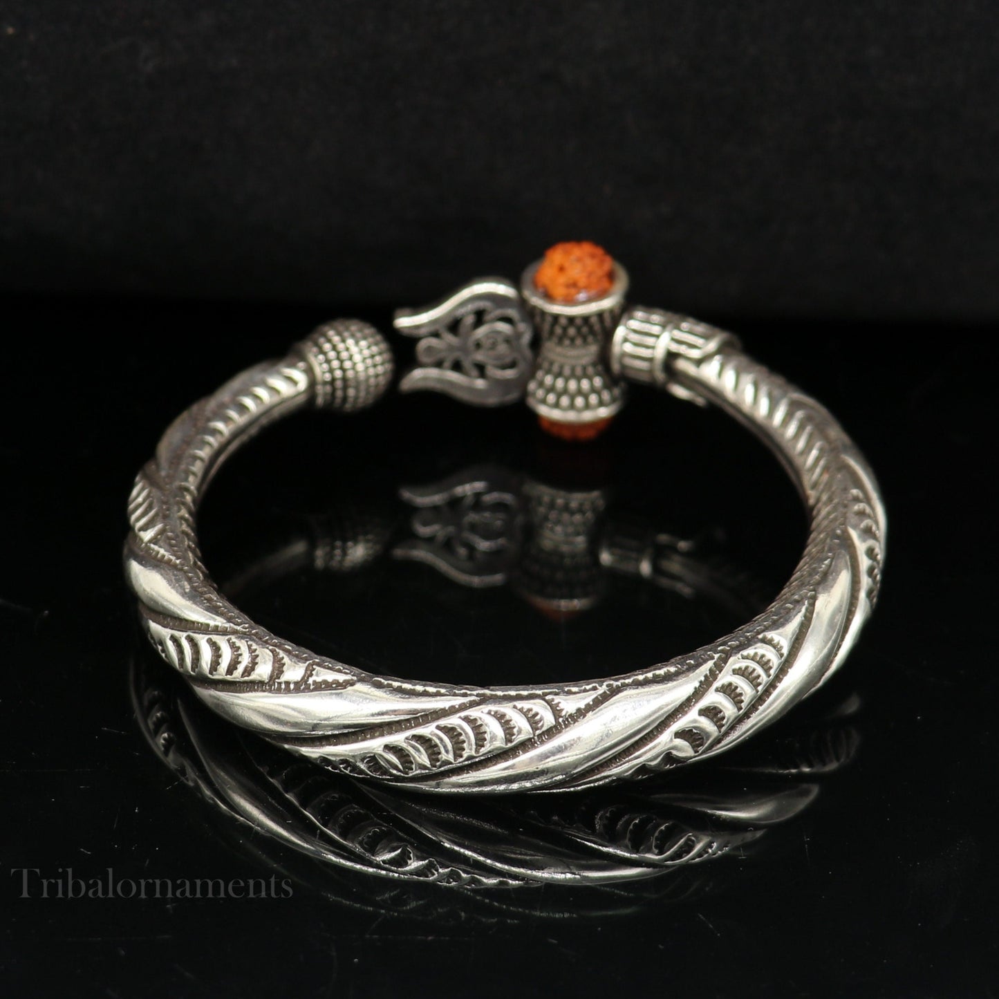 925 Sterling silver handmade chitai work Lord Shiva trident trishul kada bangle bracelet with natural Rudraksha customized kada nssk470 - TRIBAL ORNAMENTS