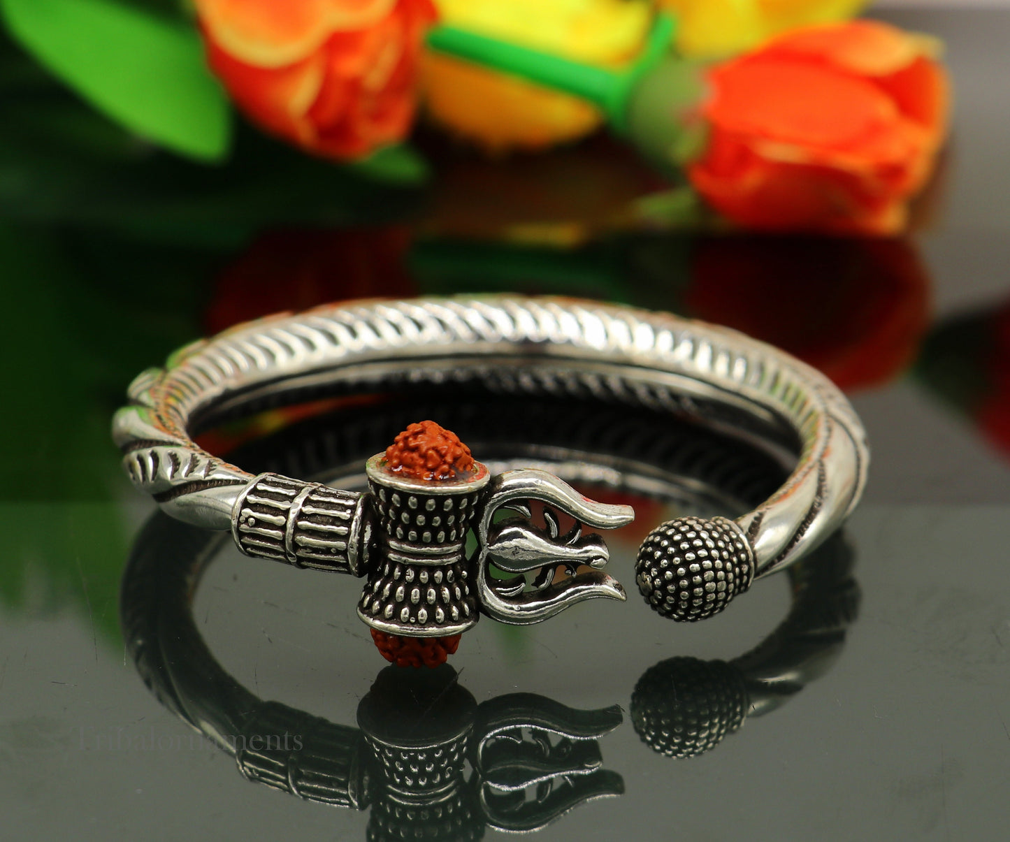 925 Sterling silver handmade chitai work Lord Shiva trident trishul kada bangle bracelet with natural Rudraksha customized kada nssk470 - TRIBAL ORNAMENTS